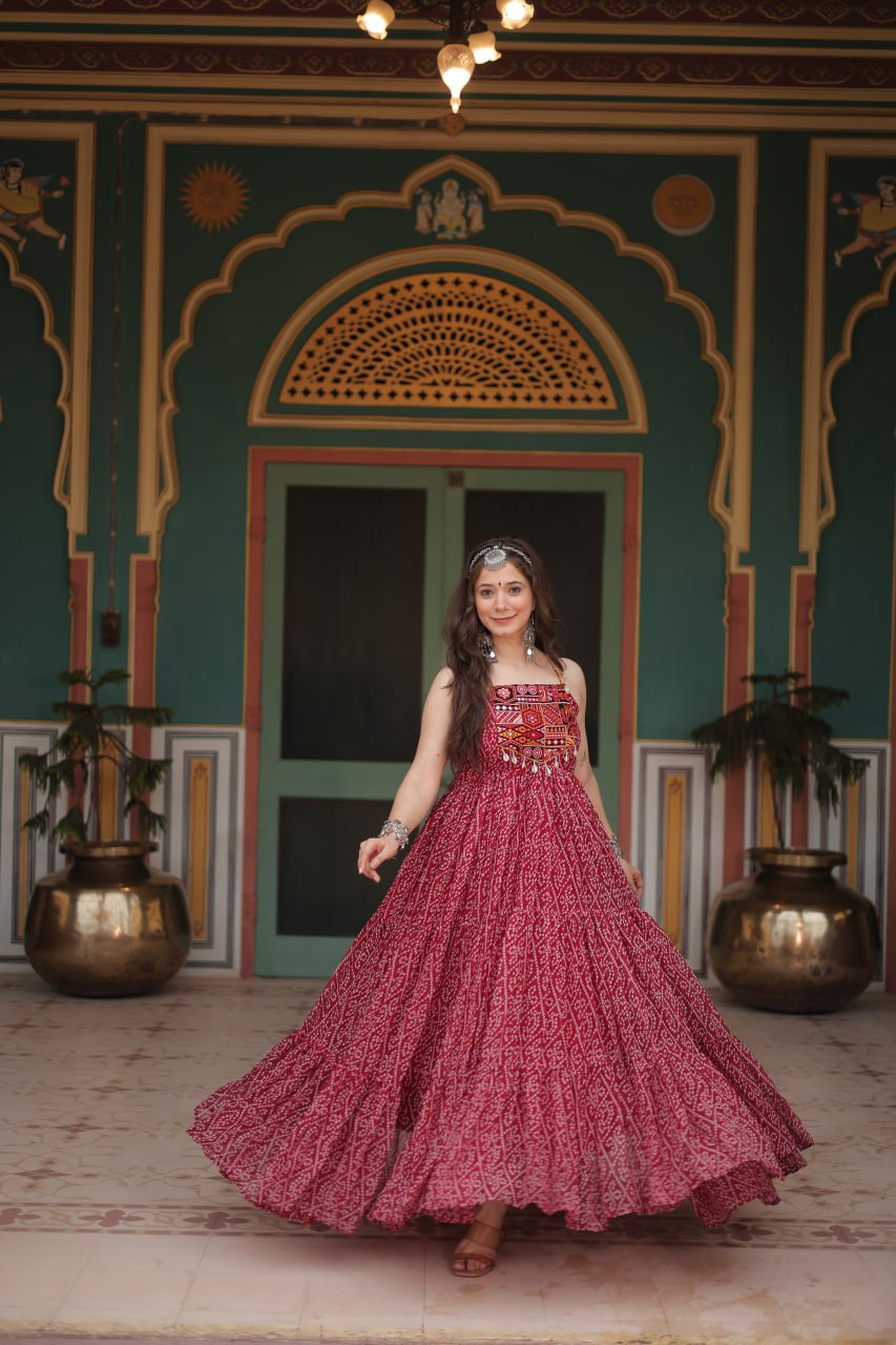 ClothsVilla Maroon Bandhani Print Sleeveless Gown with Kutchi Patchwork
