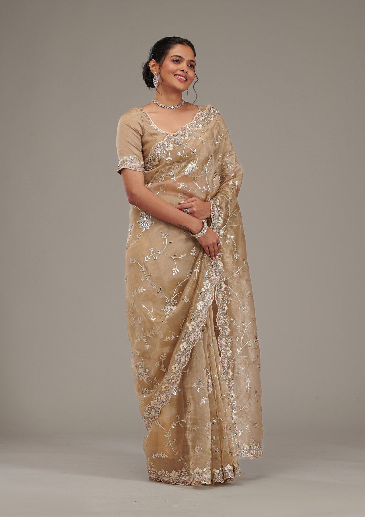 Koskii Beige Zariwork Tissue Saree – Women's - view 5