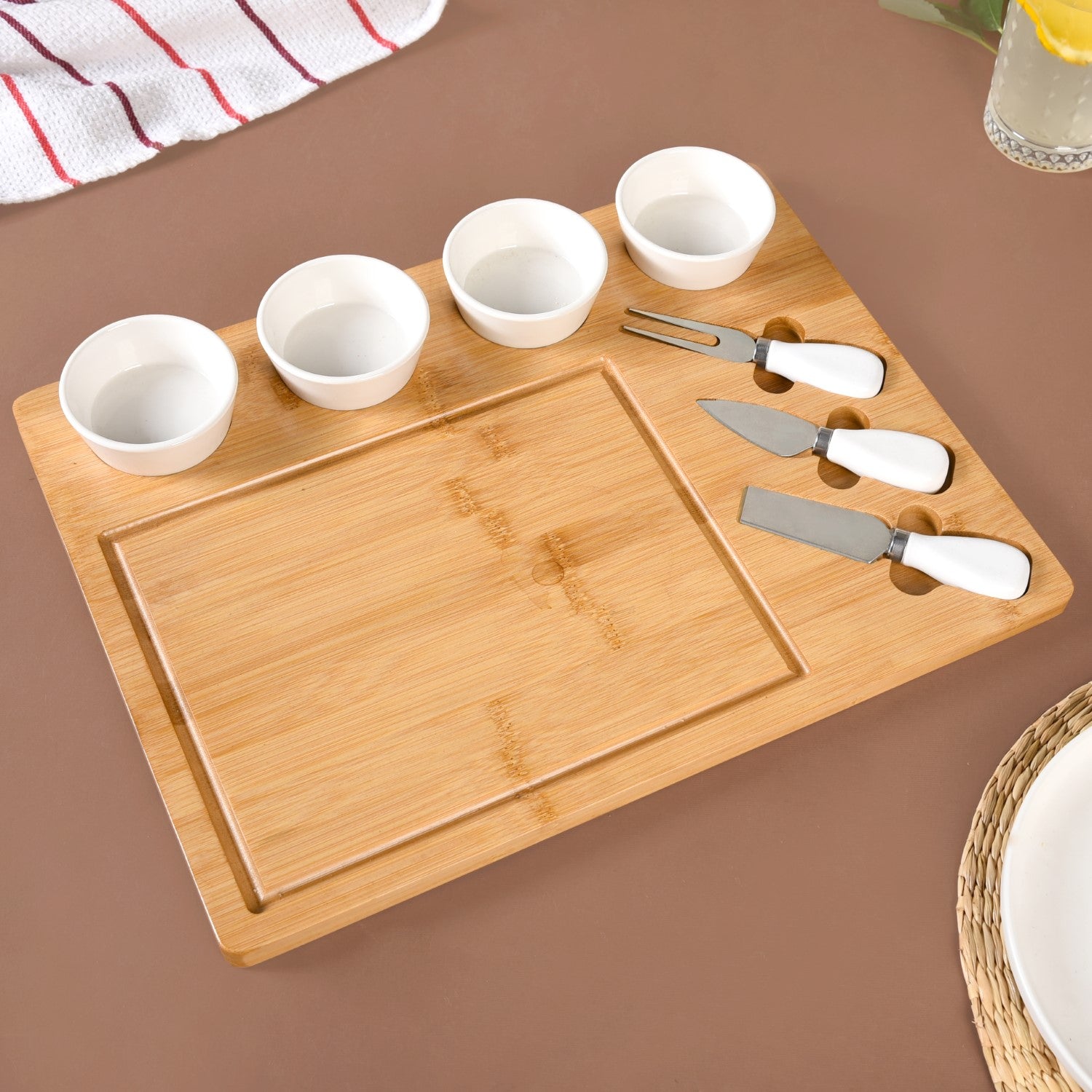 Nestasia Sleek Wooden Snacks Platter Set With Dip Bowls And Cheese Knives - view 2