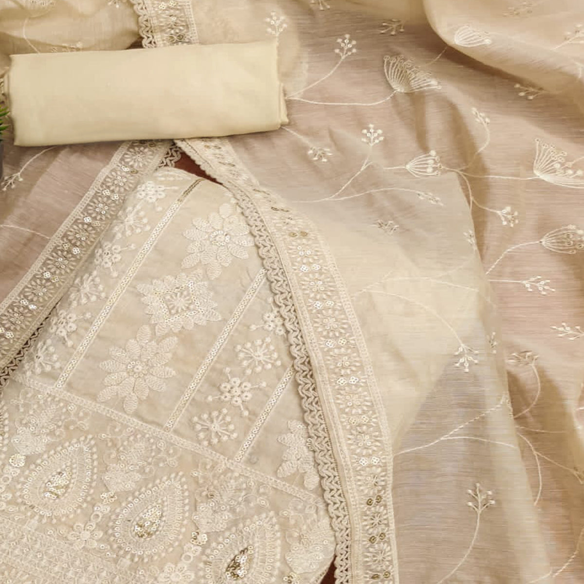 Peachmode Cream Sequins Embroidered Chanderi Silk Dress Material - view 2