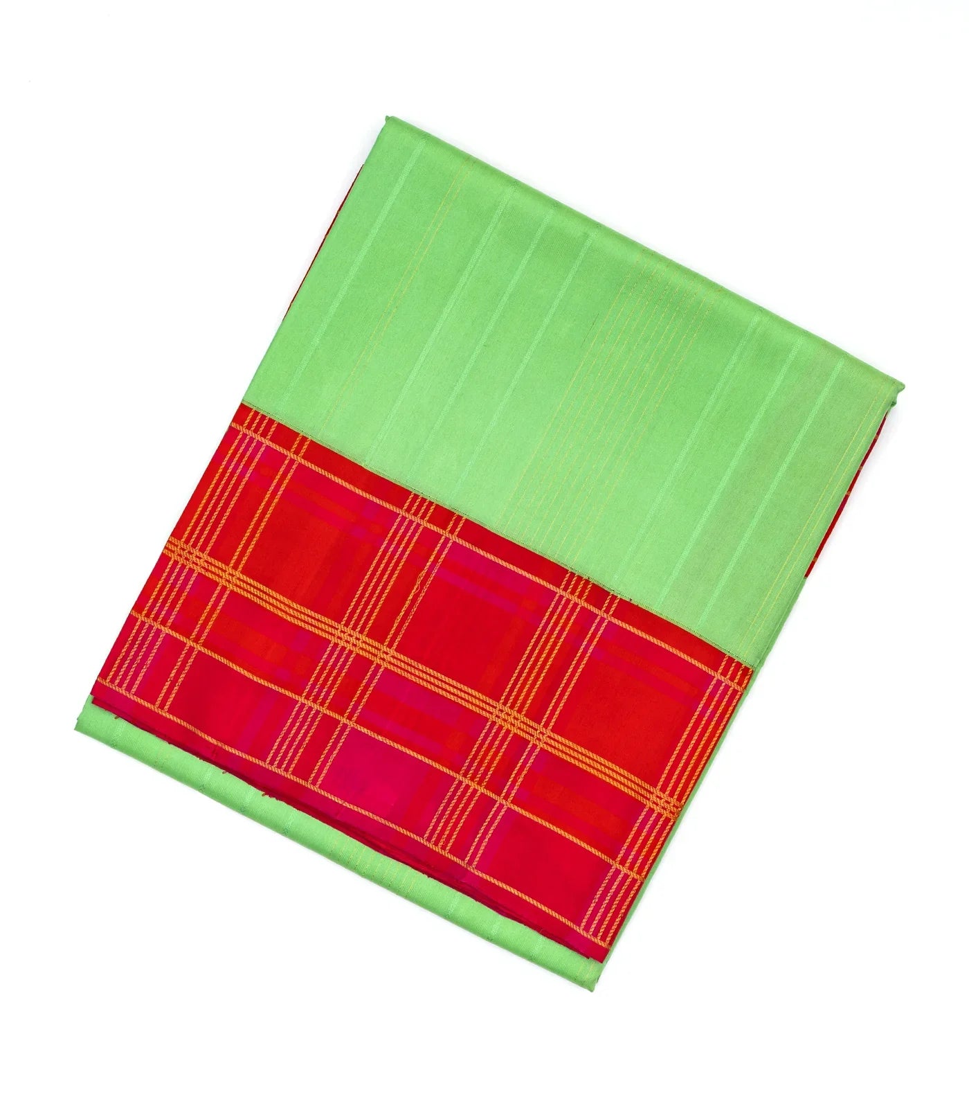 RmKV Pista Green Handloom Soft Silk Saree With Stripes & Contrast Red Border