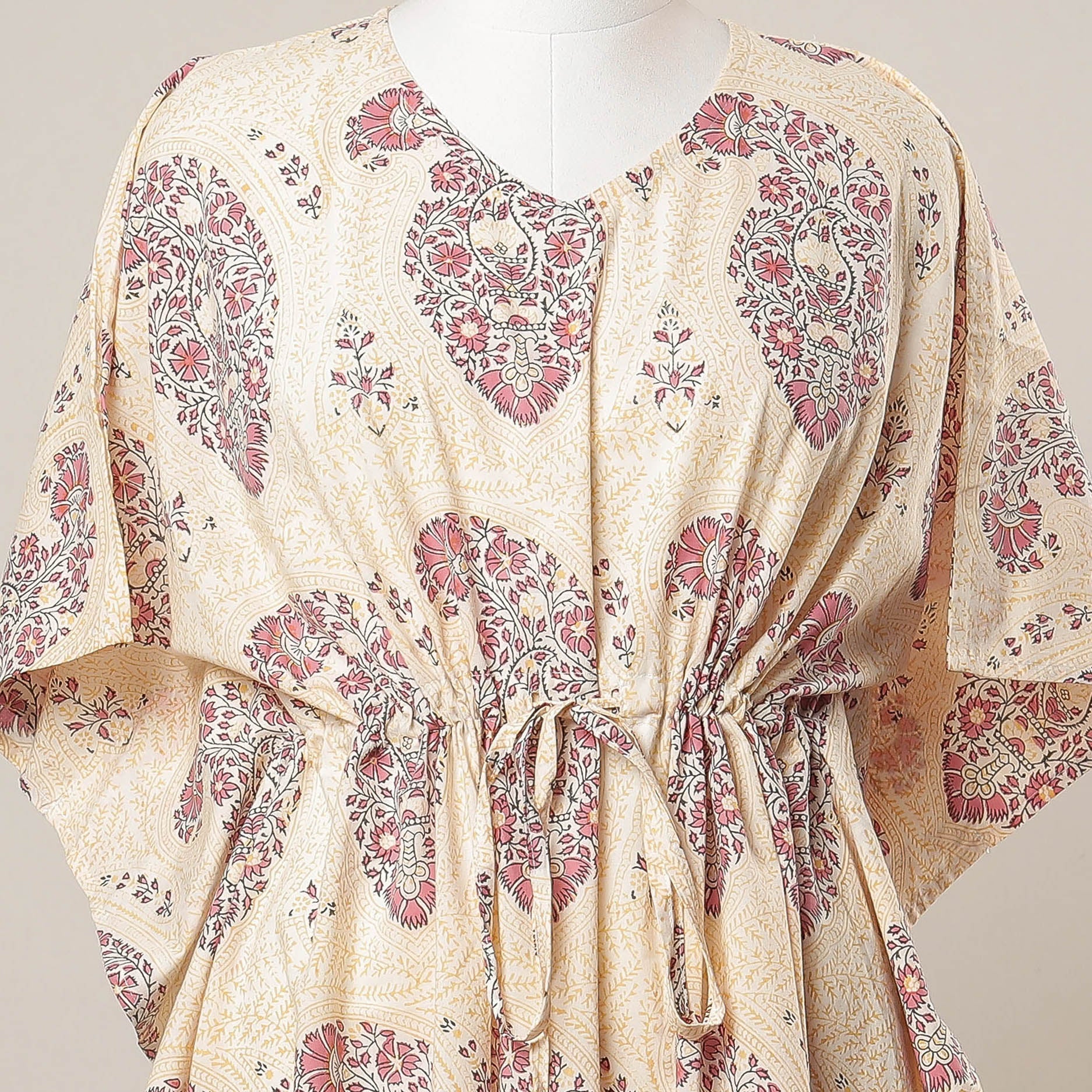 CHUTNEY CRAFT STUDIO Beige - Sanganeri Printed Cotton Kaftan with Tie-Up Waist (Medium) - view 2