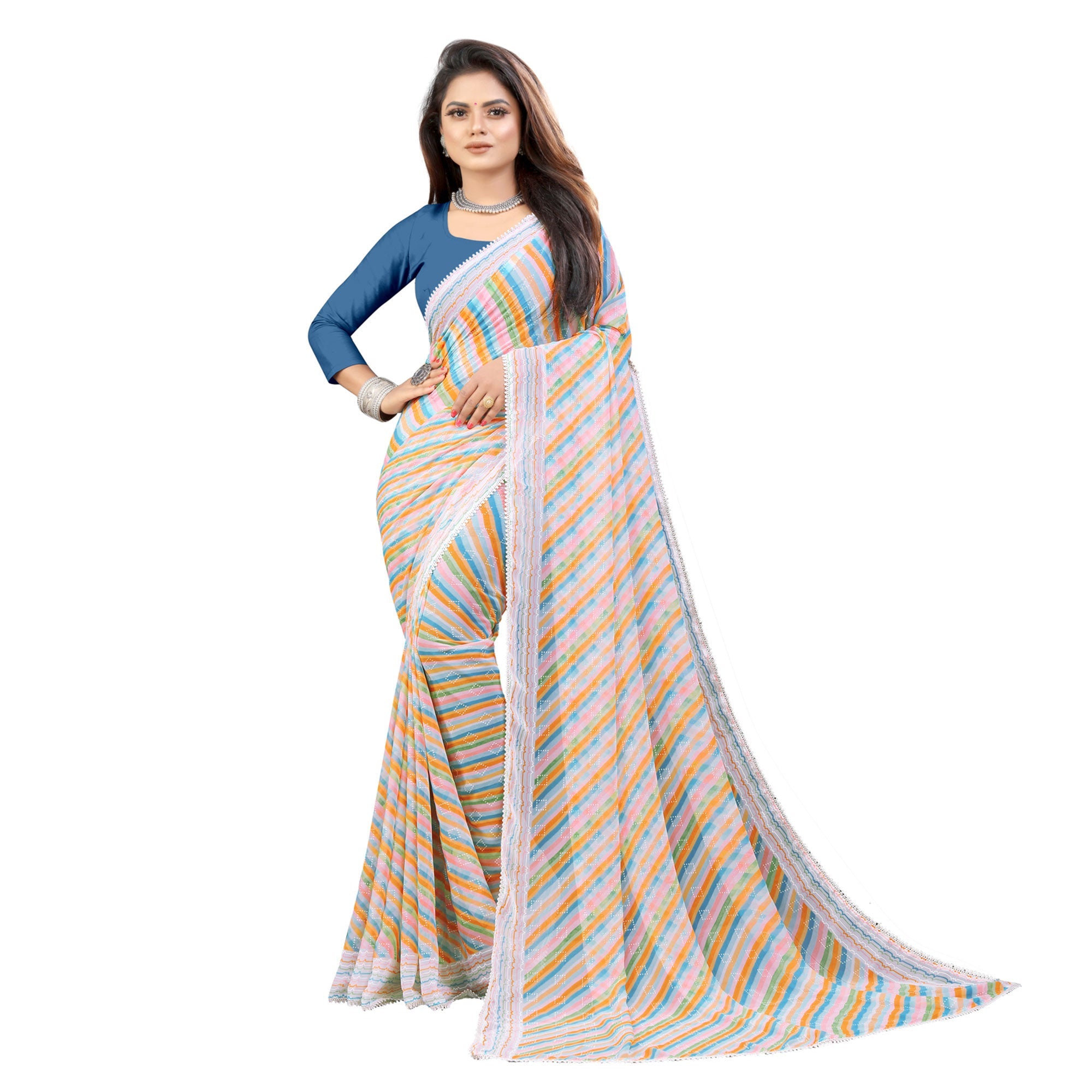 Peachmode Grey Striped Printed Georgette Saree