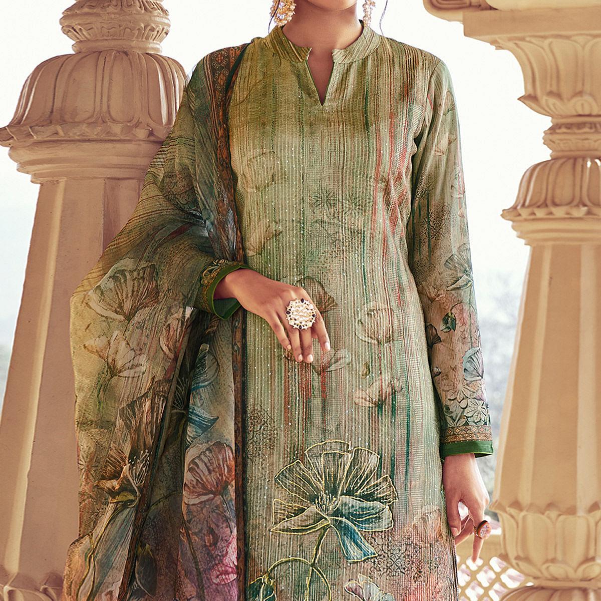 BlackTree green-floral-print-with-sequence-embroidered-royal-chinon-partywear-suit-134101 - view 2