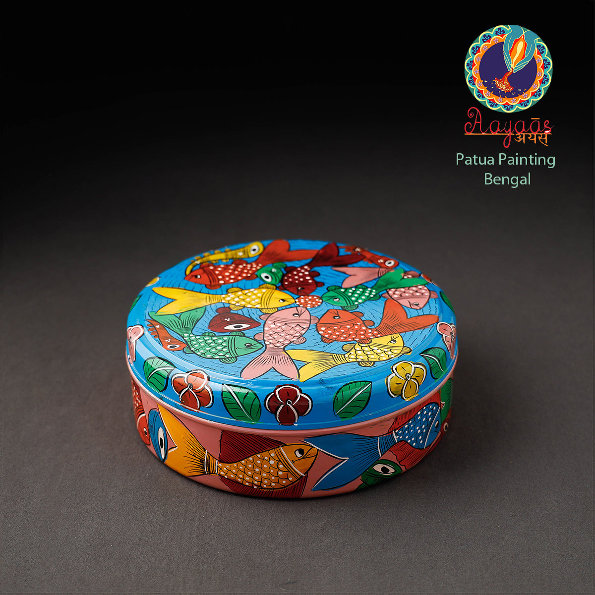 AAYAAS Blue - Bengal Patua Handpainted Stainless Steel Masala Box (7.5 x 7.5 in)