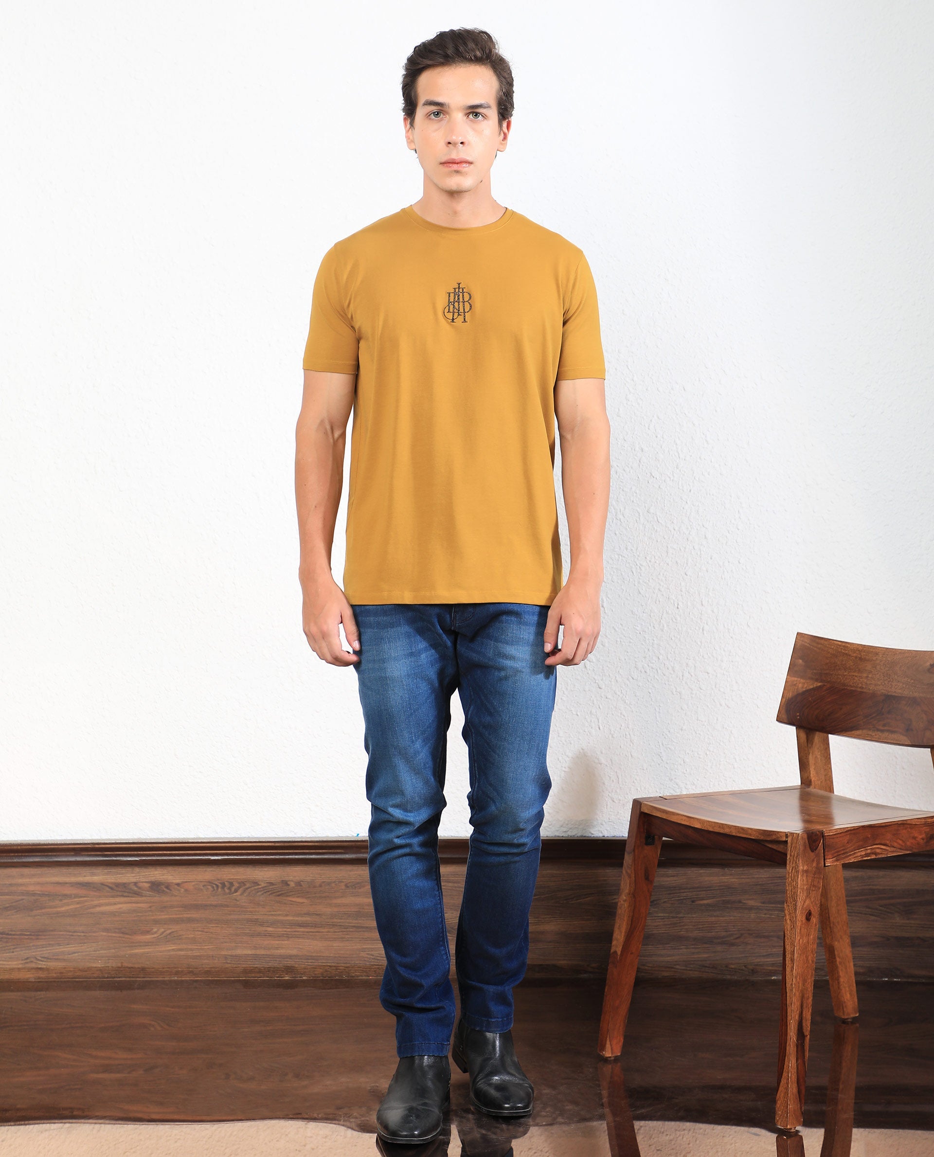 Rare Rabbit Men's Ware Mustard Cotton Lycra Fabric Crew Neck Half Sleeves Regular Fit Embroidered Monogram T-Shirt - view 3