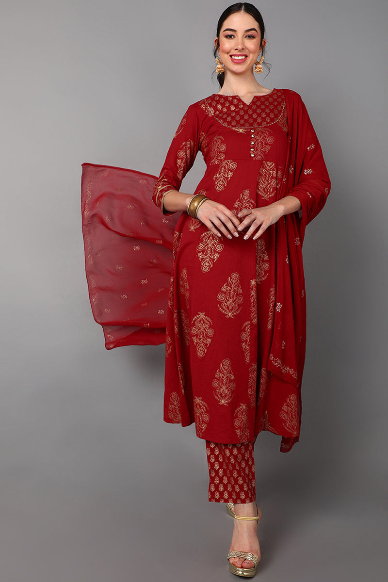 Ahika Red Cotton Straight Kurta Pant With Dupatta Set VKSKD1416