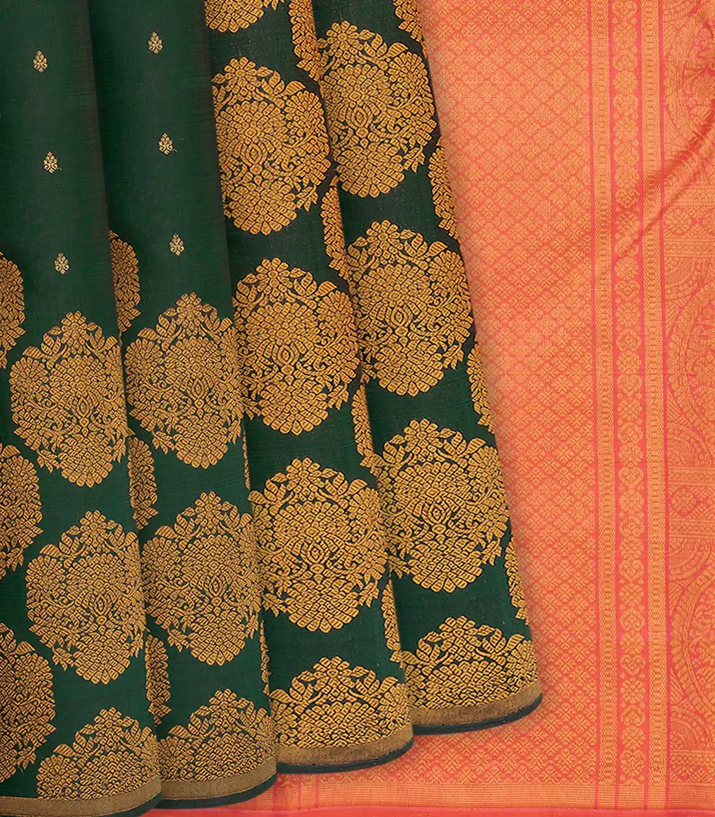 RmKV Bottle Green Handloom Kanchipuram Silk Saree With Raising Floral Motifs-Bottle Green
