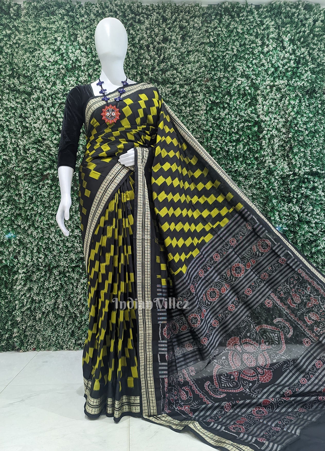IndianVillèz Black with Yellow Box Pattern Sambalpuri Pure Ikat Silk Saree