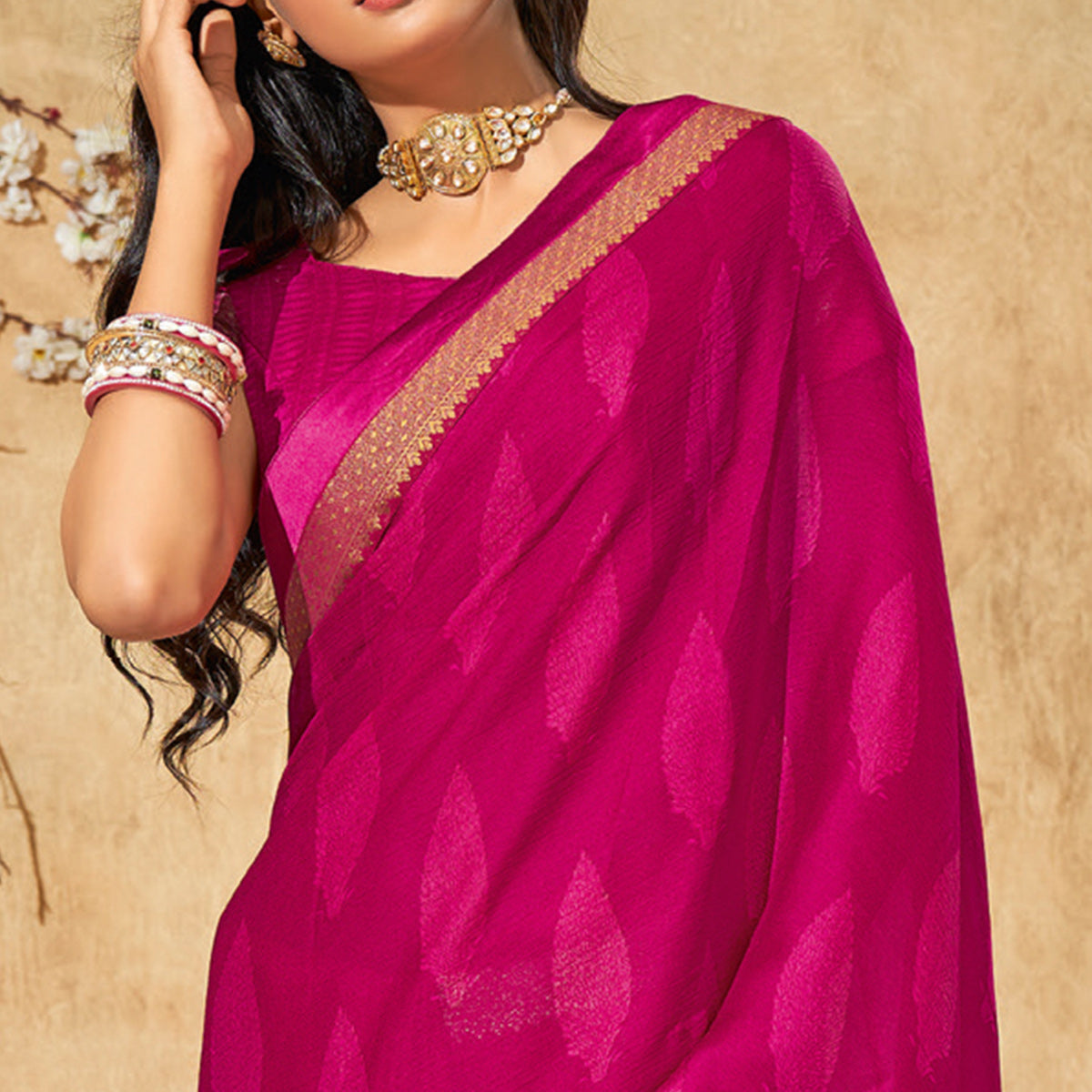 Peachmode Magenta Pink Printed Chiffon Saree With Brocade Lace - view 2