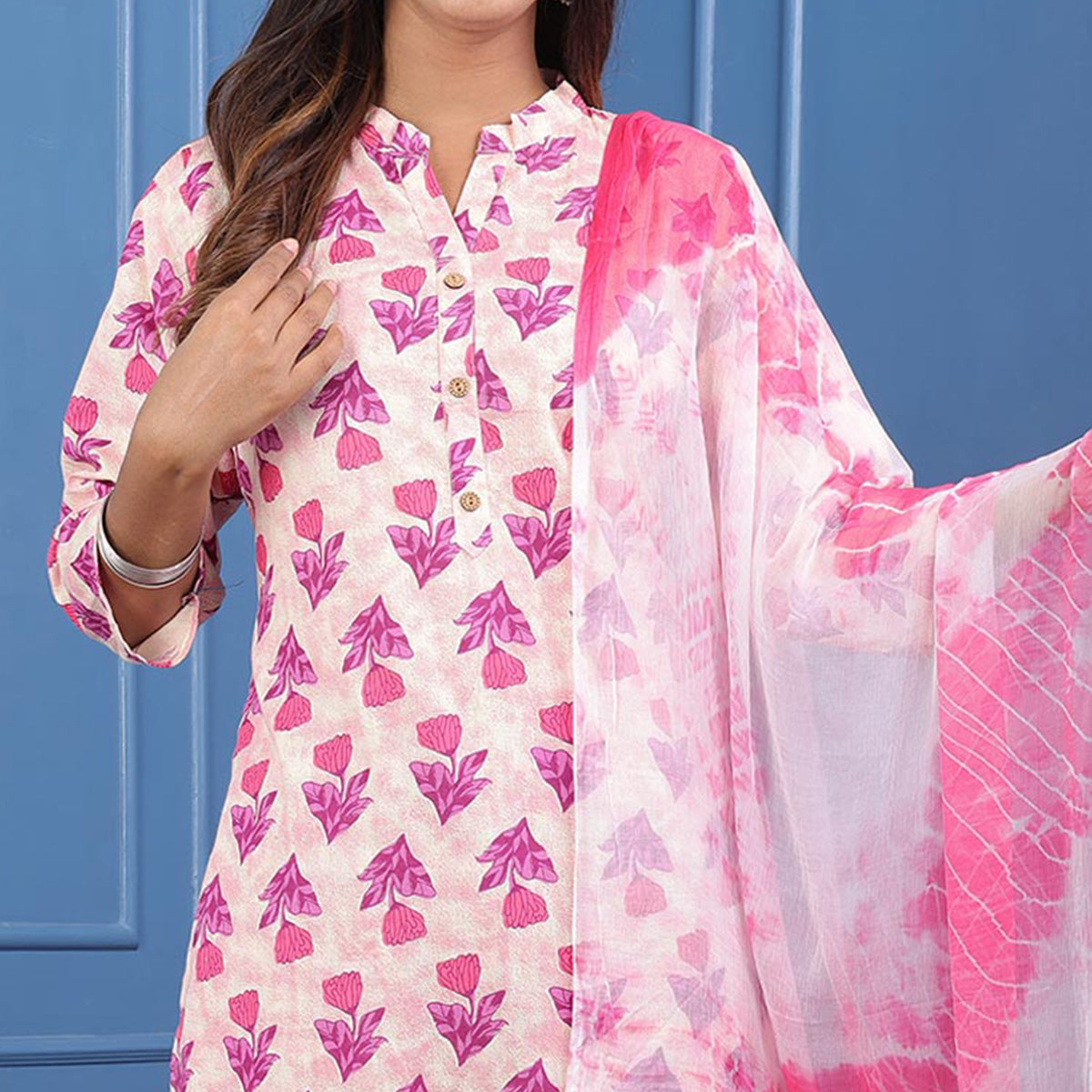 Peachmode Seller Cream Pink Floral Printed Pure Cotton Suit - view 2