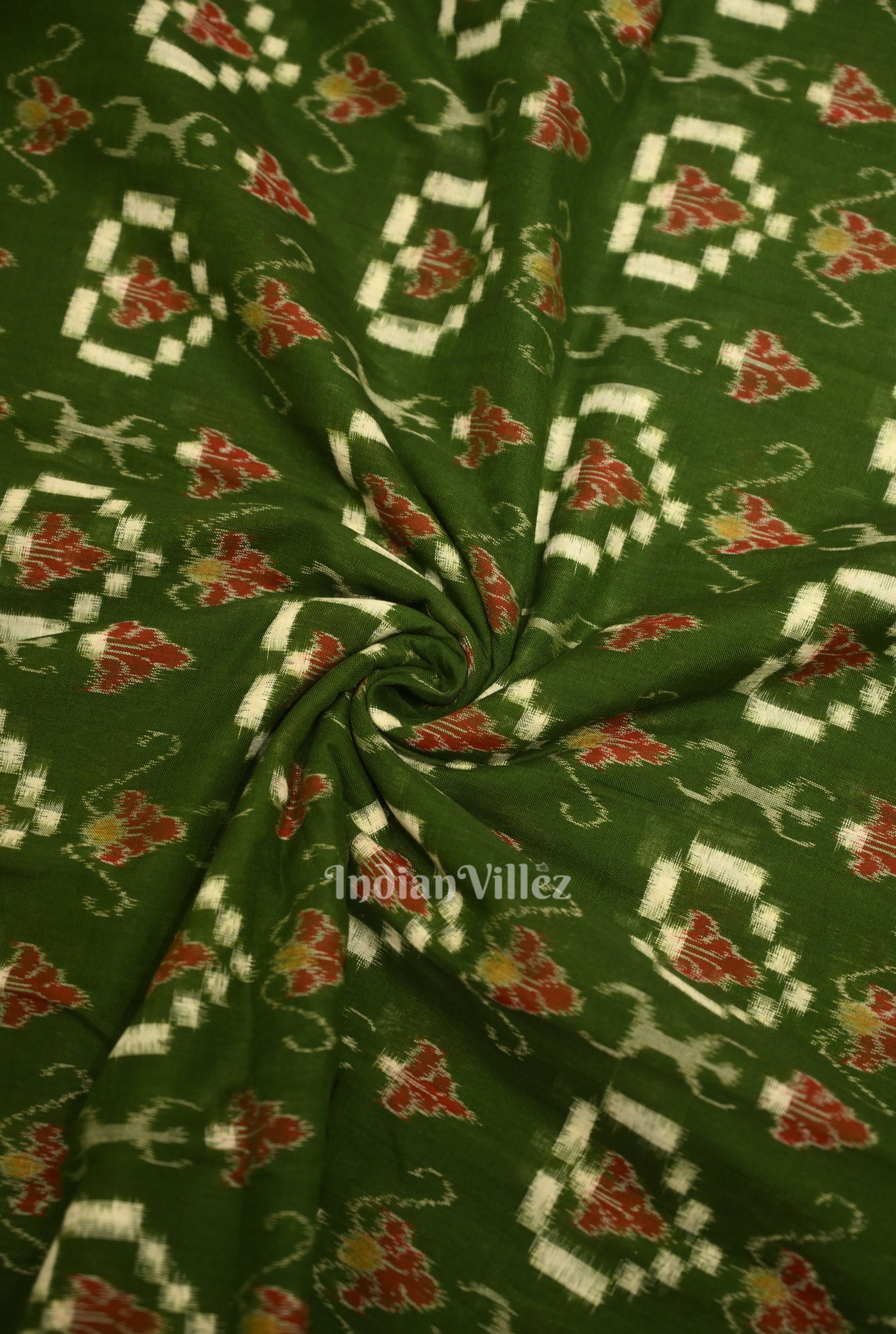 IndianVillèz Green Tribal Hearts Pasapali Sambalpuri Ikat Cotton Fabric