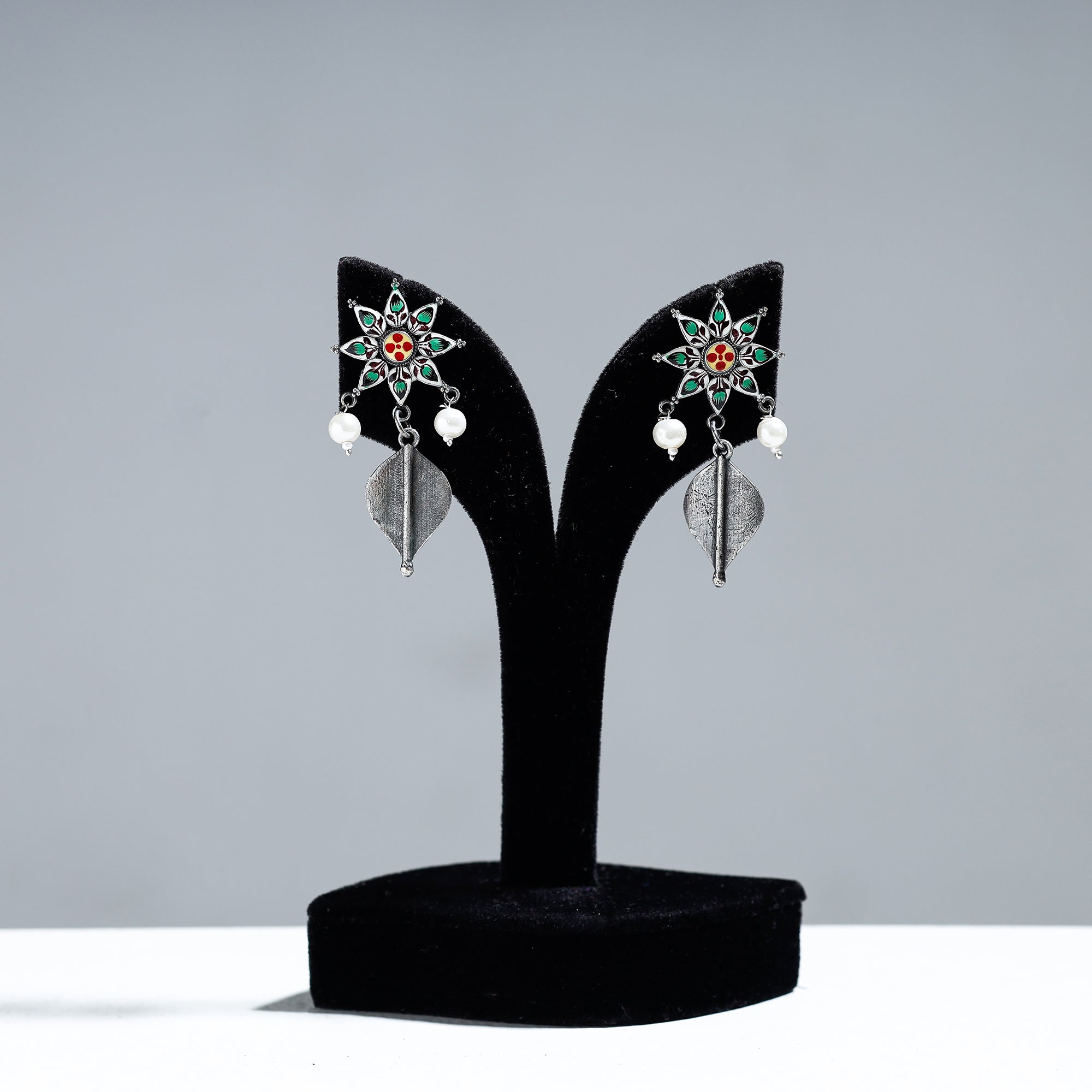 WHITE RIVER STORIES Antique Silver Finish Oxidised Brass Base Enamel Work Earrings