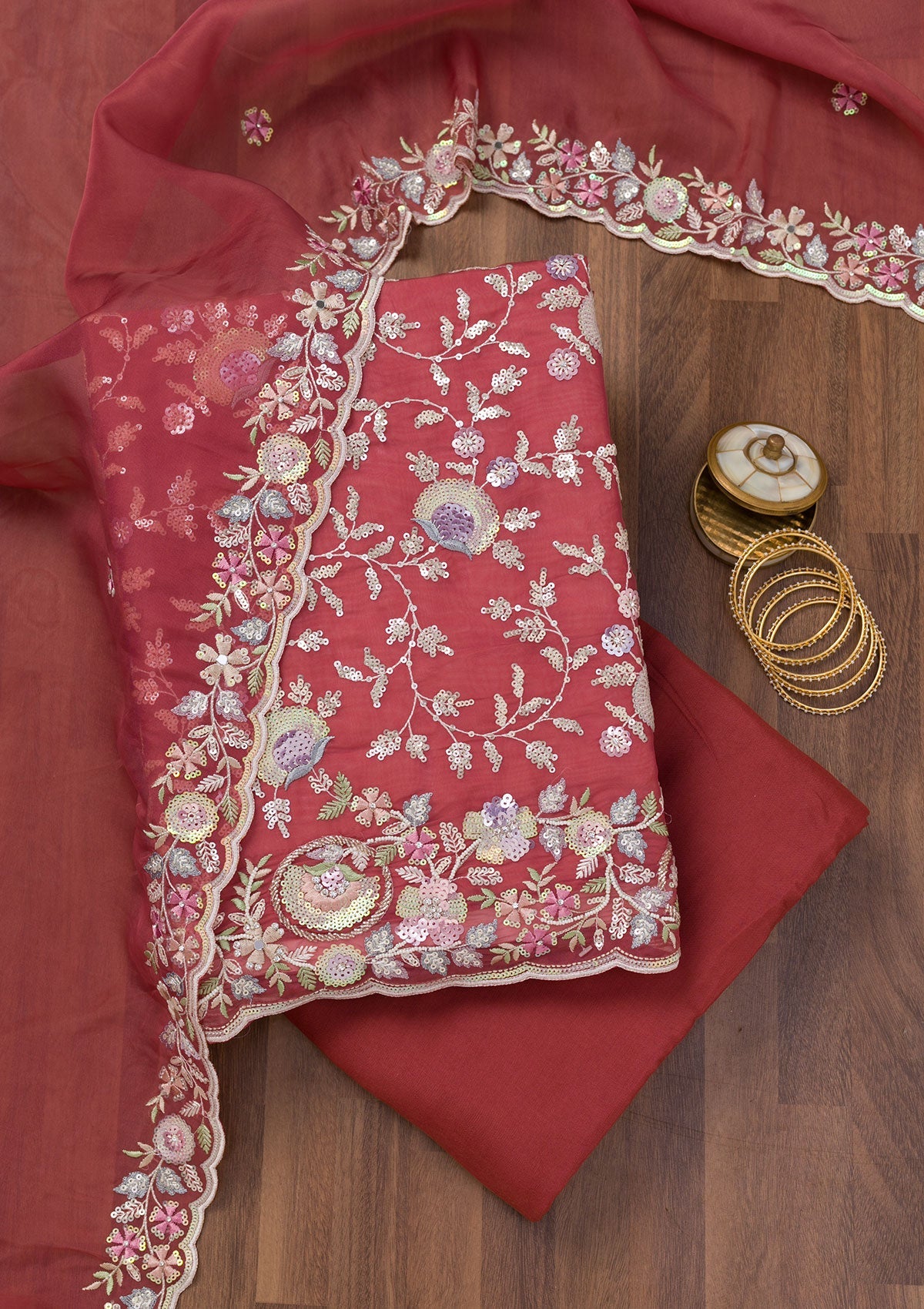 Koskii Rust Threadwork Tissue Unstitched Salwar Suit