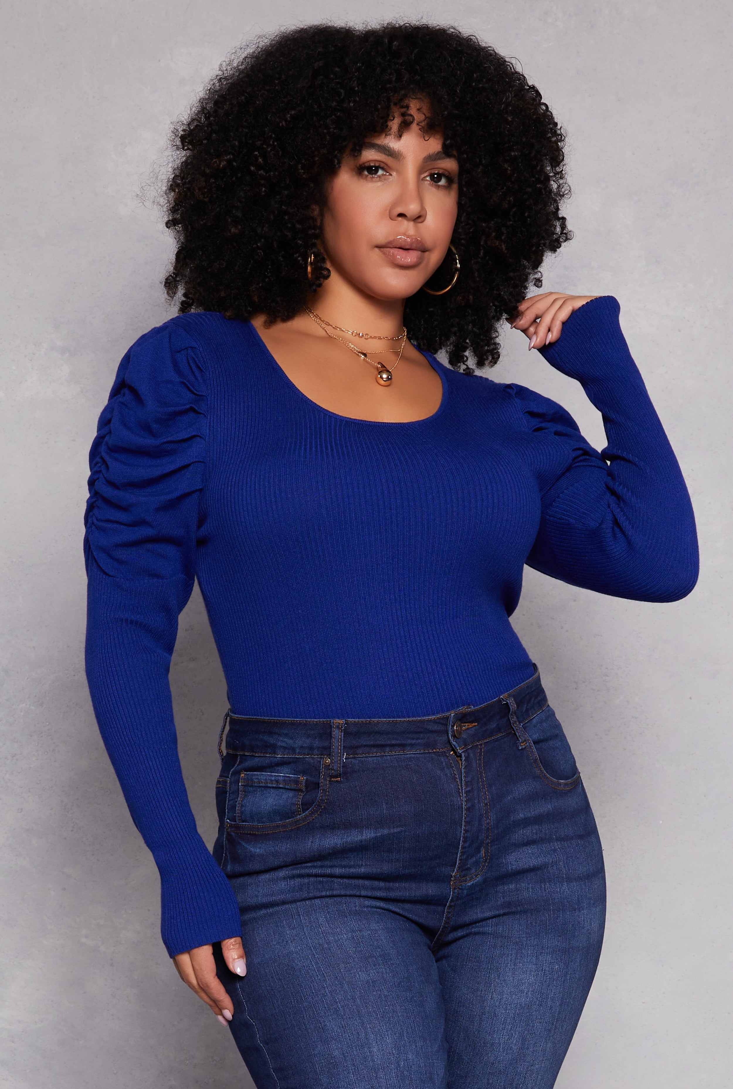 Rainbow Shops Plus Size Ruched Puff Sleeve Sweater