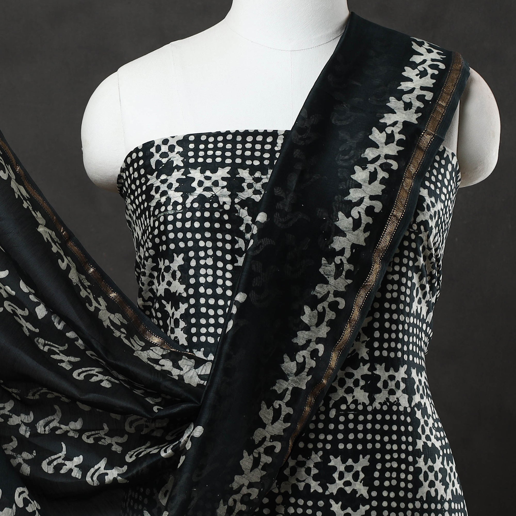BATIK BY MD. SHARIFF Black - 3pc Chanderi Silk Hand Batik Print Dress Material 37 - view 3
