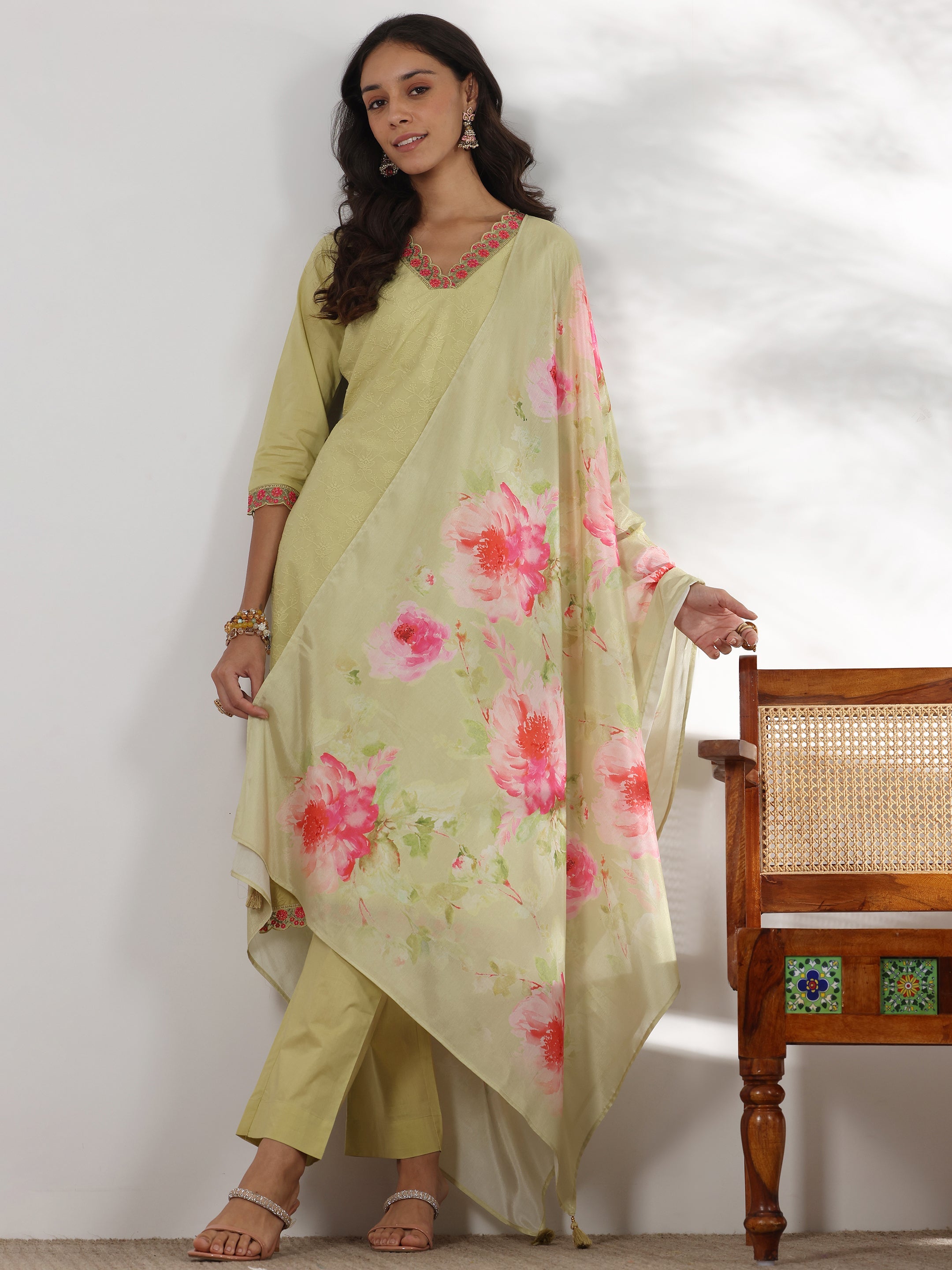 Libas Green Embroidered Cotton Straight Suit With Dupatta