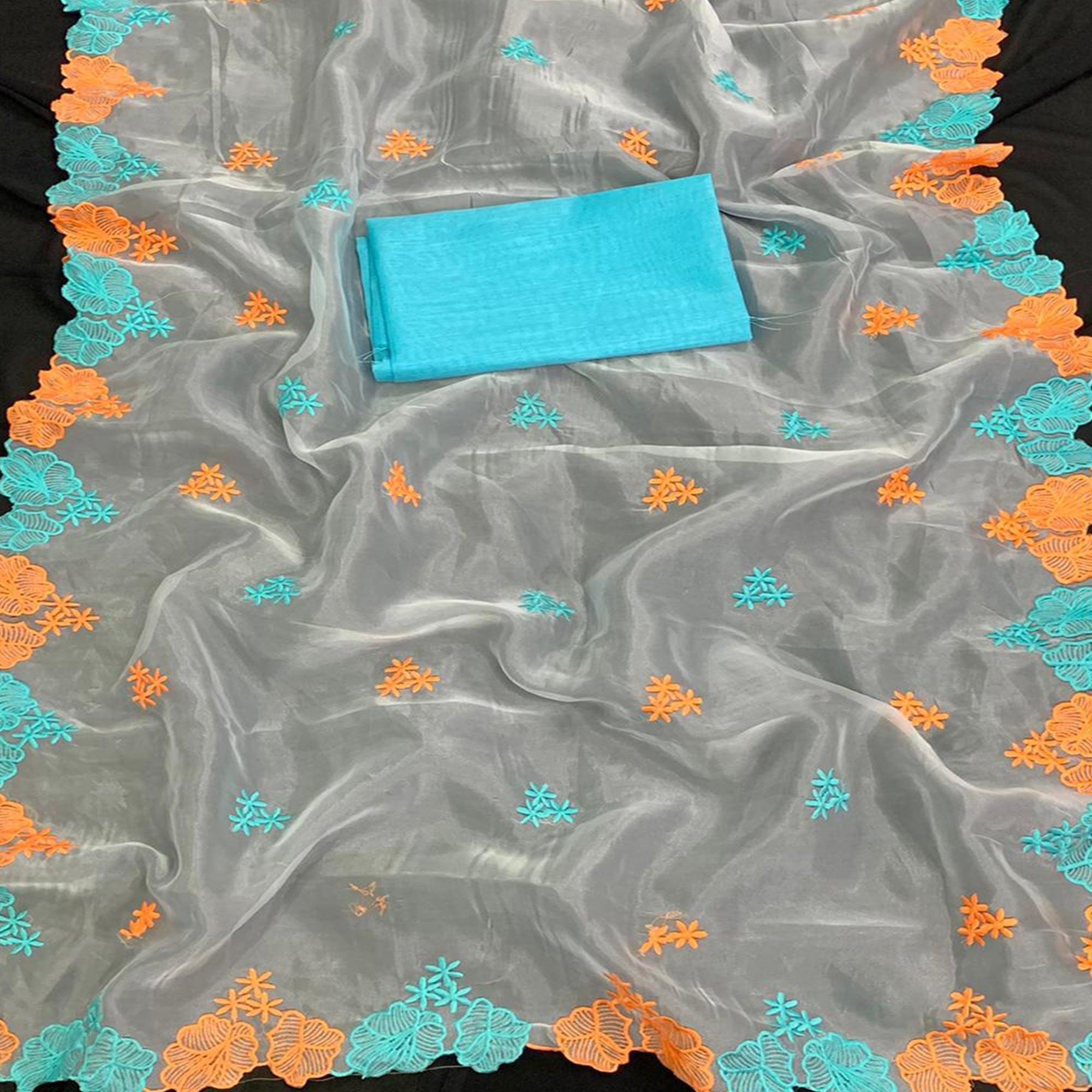 Peachmode Exotic White - Blue Colored Partywear Embroidered Pure Organza Saree