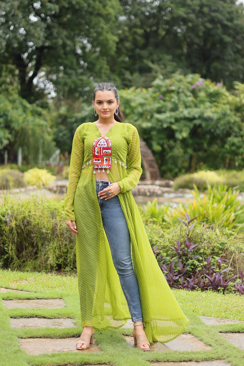 ClothsVilla Green Faux Georgette Leheriya Print Kurti with Kutchi Patchwork