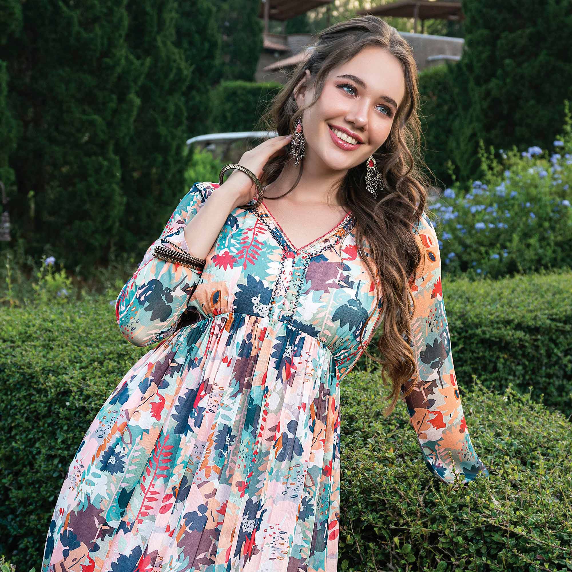 Peachmode Cream & Multicolor Printed With Handwork Chiffon Dress - view 5