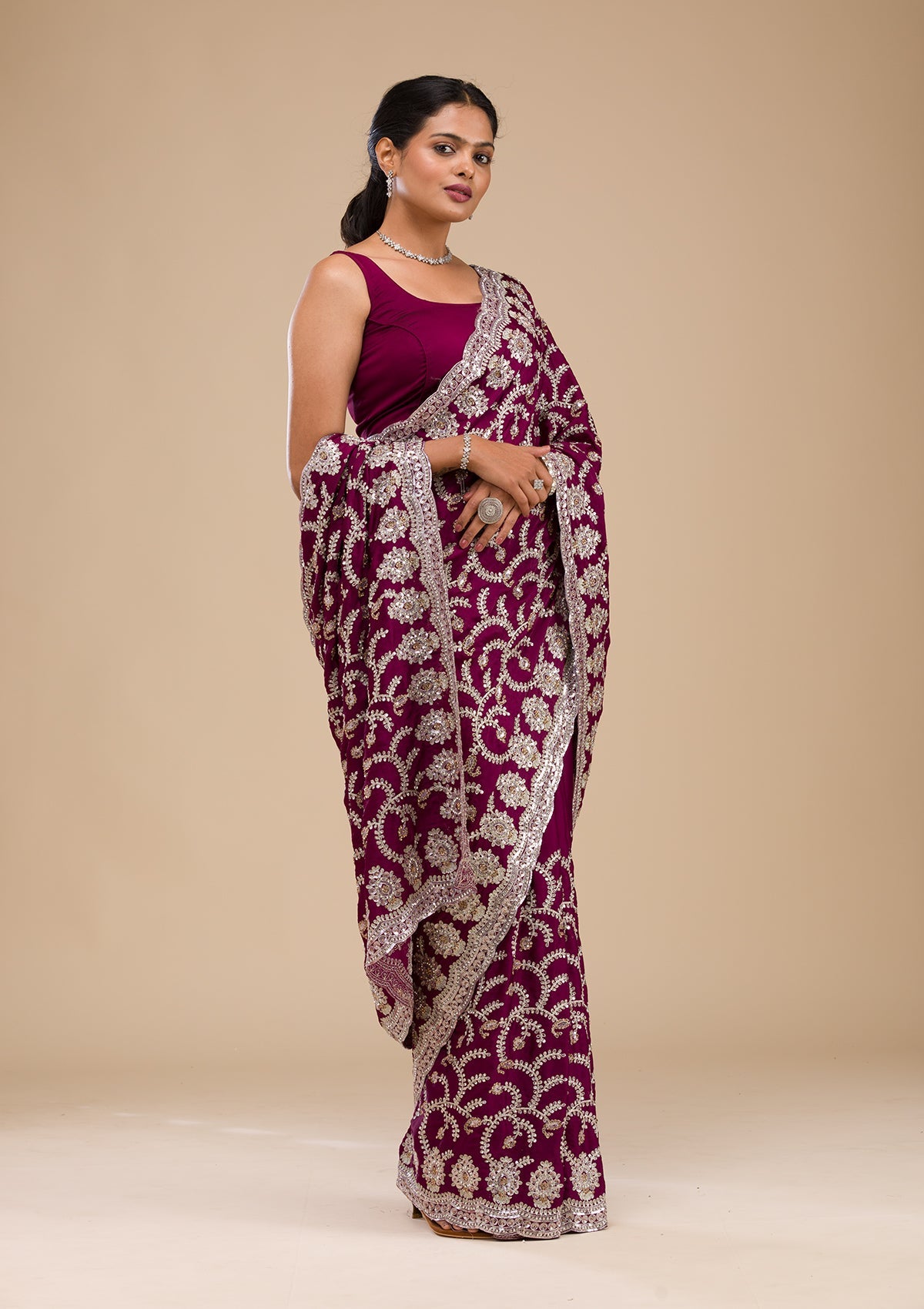 Koskii Wine Zariwork Georgette Saree – Women's - view 5