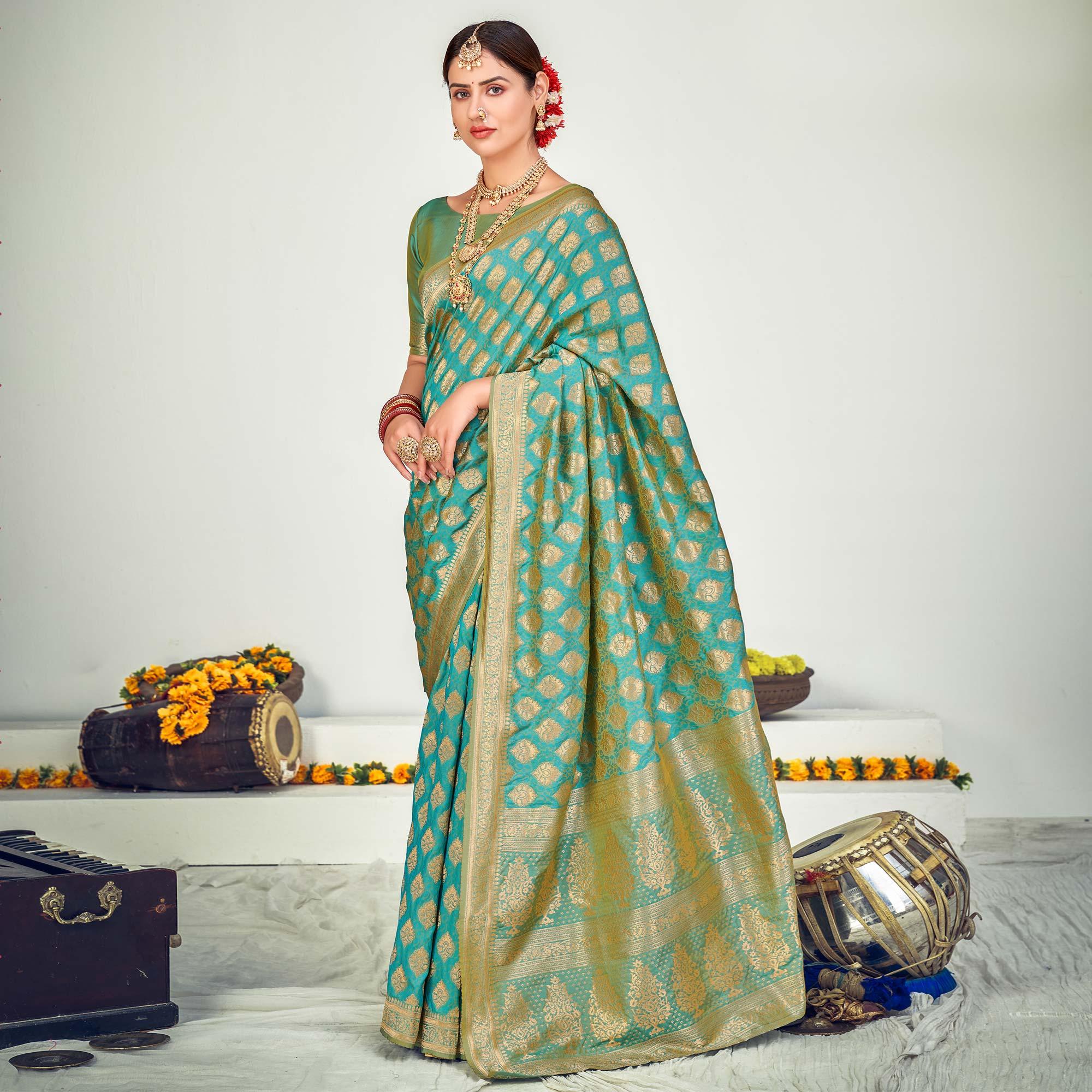 Peachmode Firozi Festive Wear Zari Woven Banarasi Silk Saree