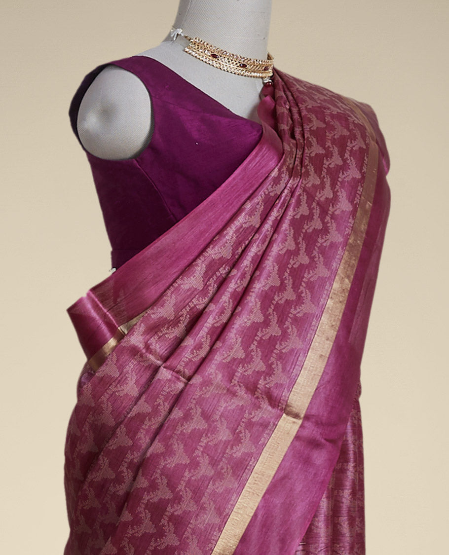 Pothys Purple animal motifs tussar silk saree with self zari border