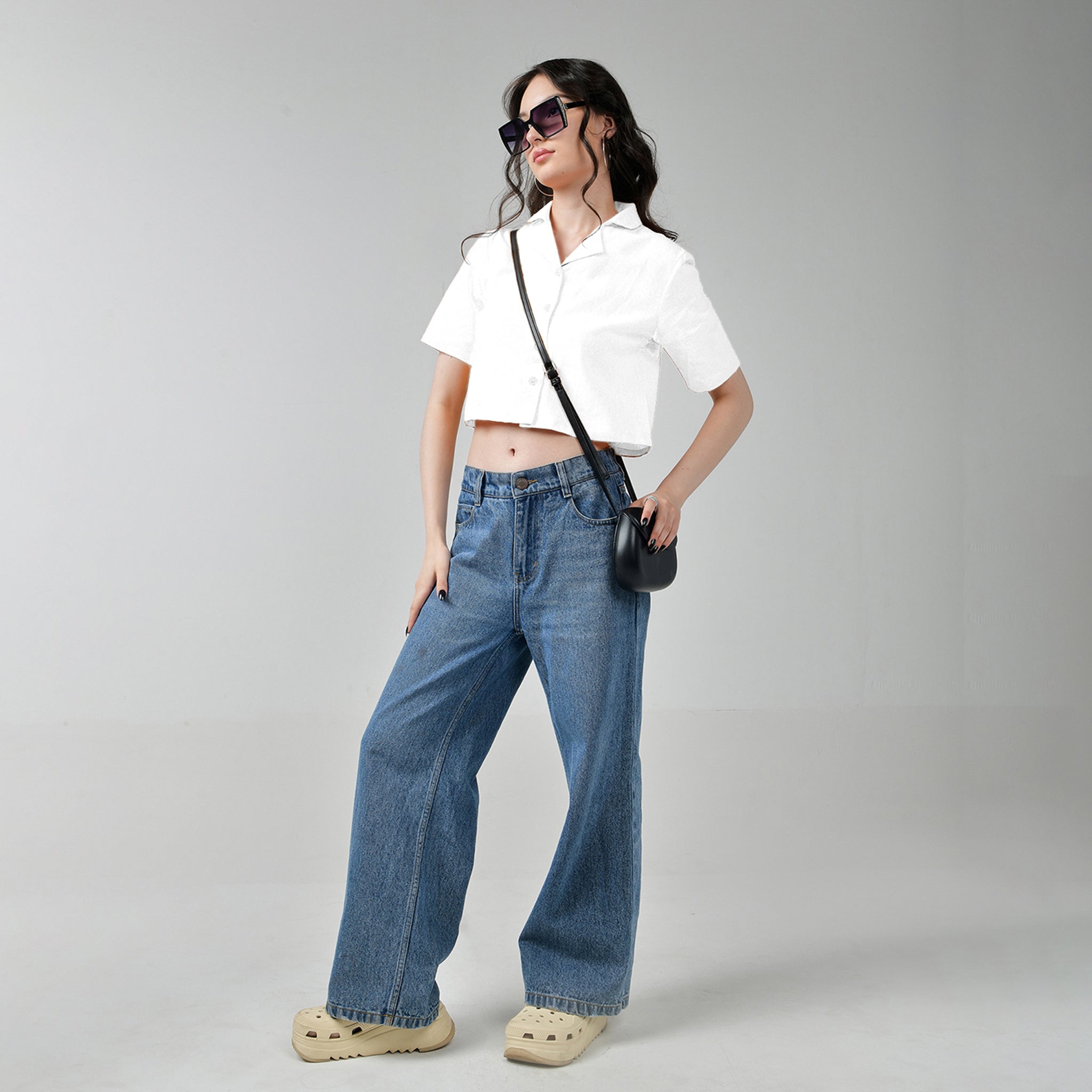 I Z F Baggy Jeans & White Crop Linen Shirts For Women