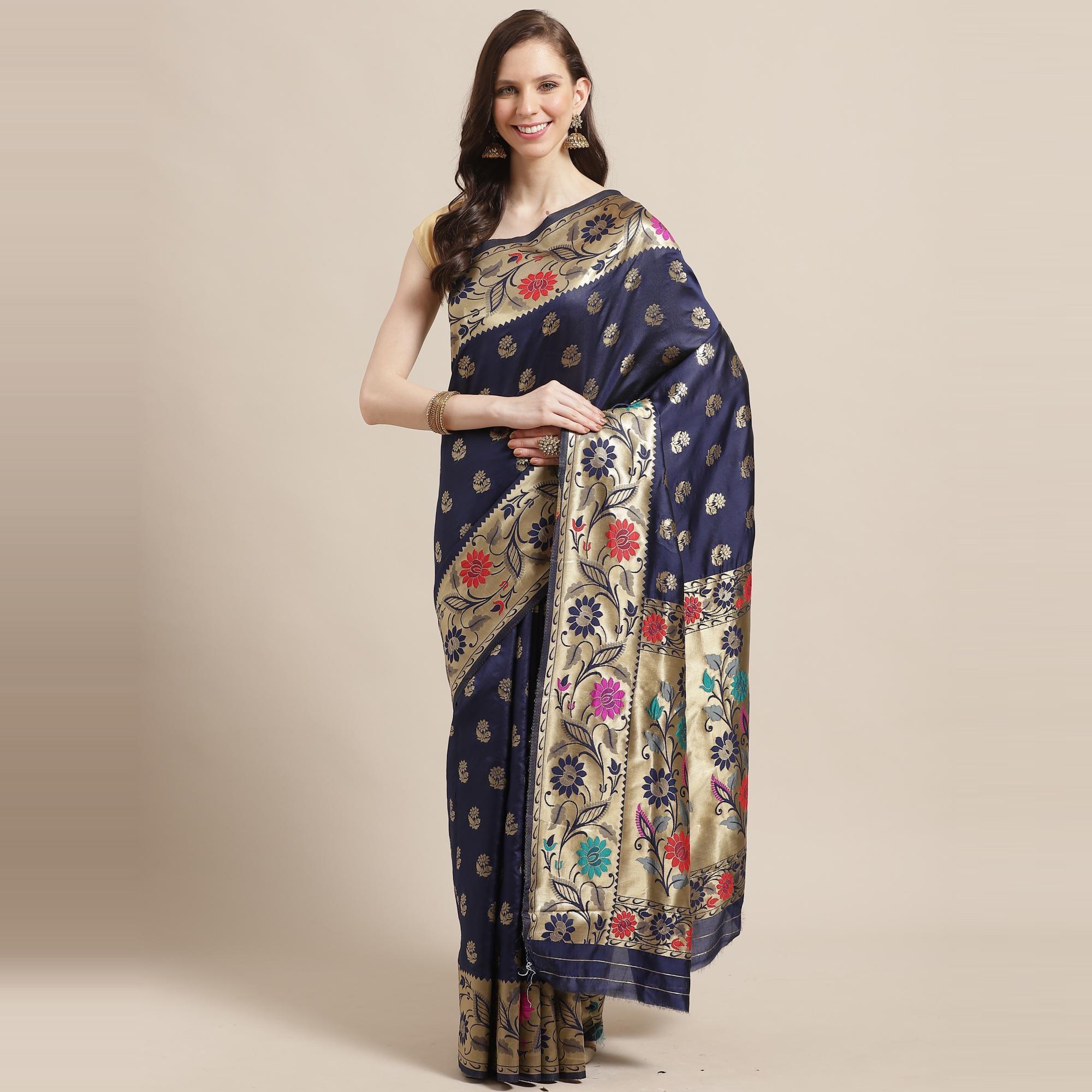 Peachmode Engrossing Navy Blue Colored Festive Wear Woven Silk Blend Banarasi Saree