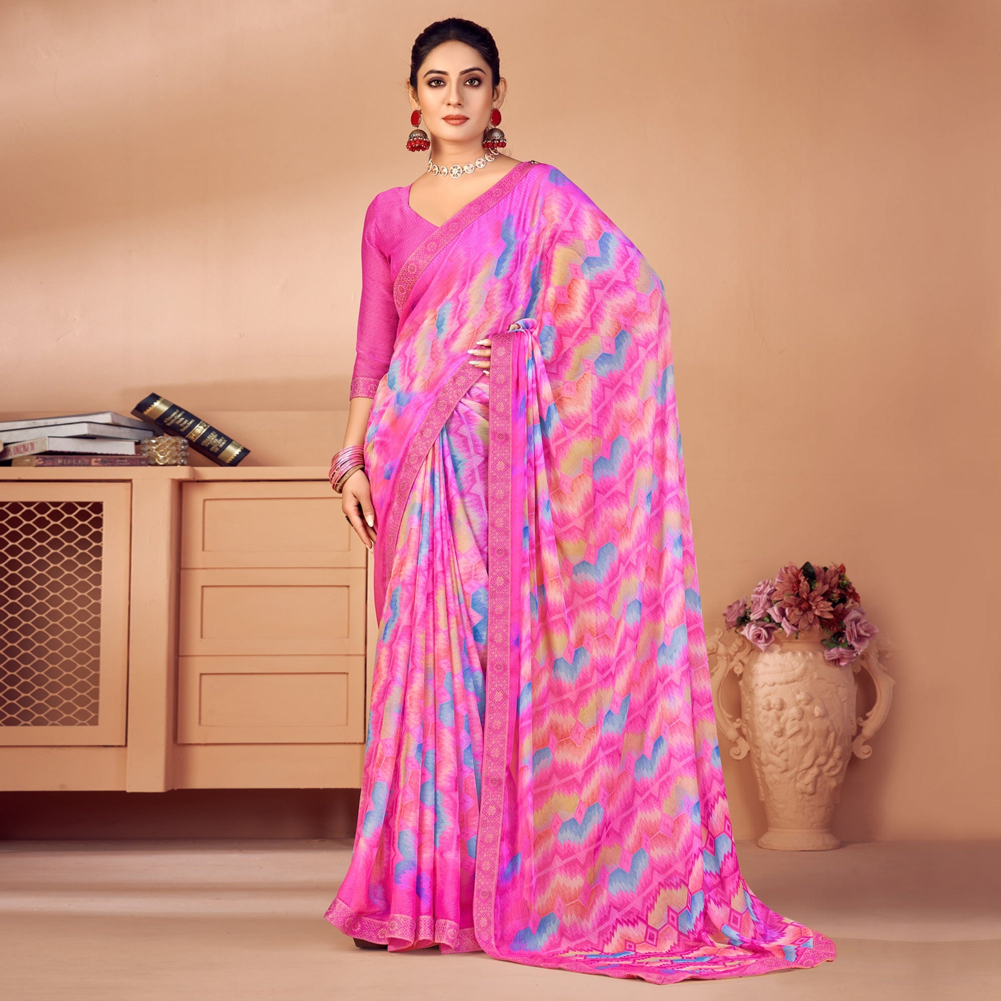 Peachmode Magenta Printed Chiffon Saree With Lace Border