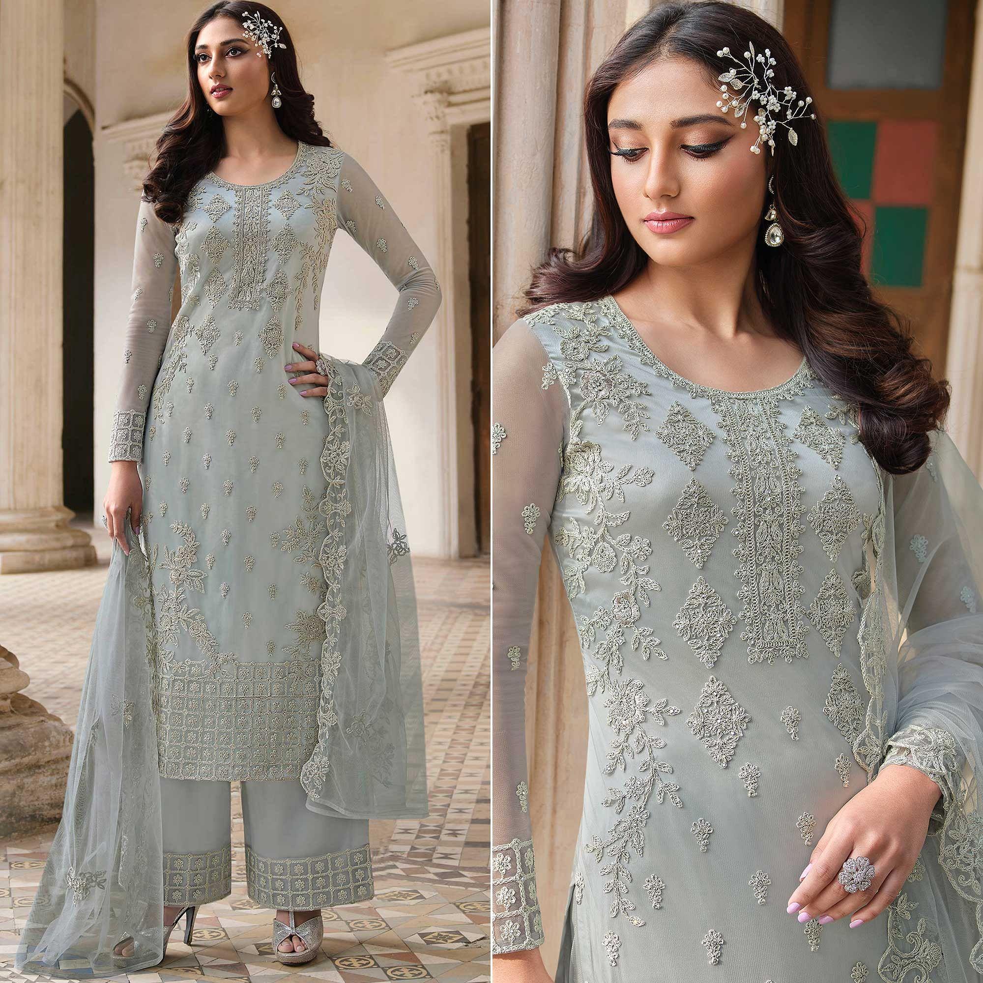 Peachmode Light Blue Embroidery With Embellished Net Partywear Suit