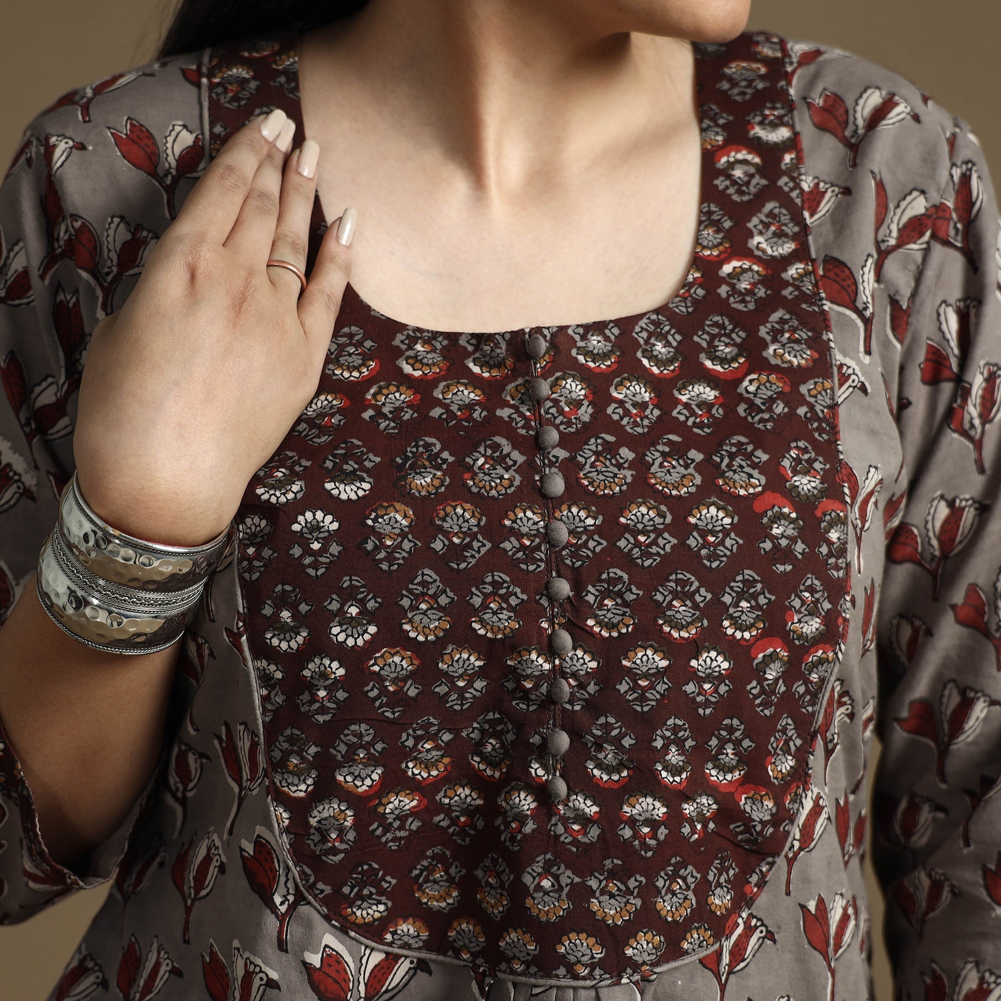 ITOKRI CASUALS Brown - Bagru Hand Block Printed Cotton A-Line Long Kurta - view 4