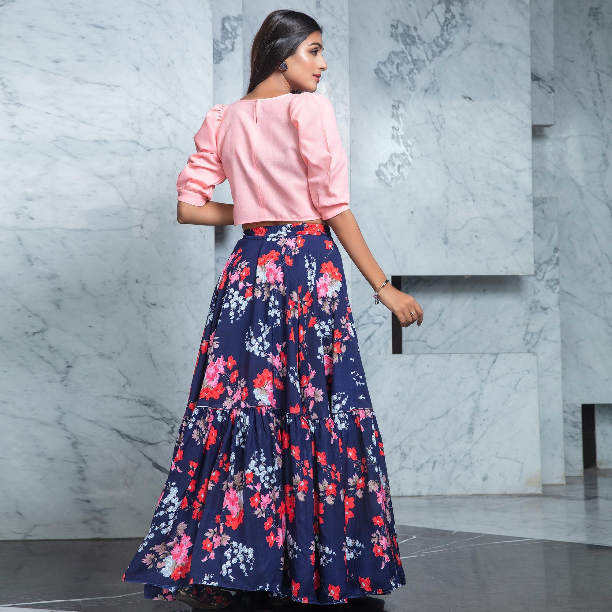 Peachmode Seller Mesmerising Pink - Navy Blue Colored Partywear Printed Cotton Top-Skirt Set - view 3