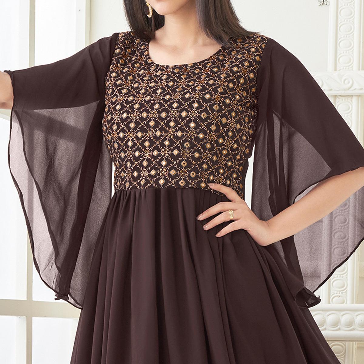 Peachmode Seller Brown Partywear Embroidered with Handwork Heavy Georgette Gown - view 3