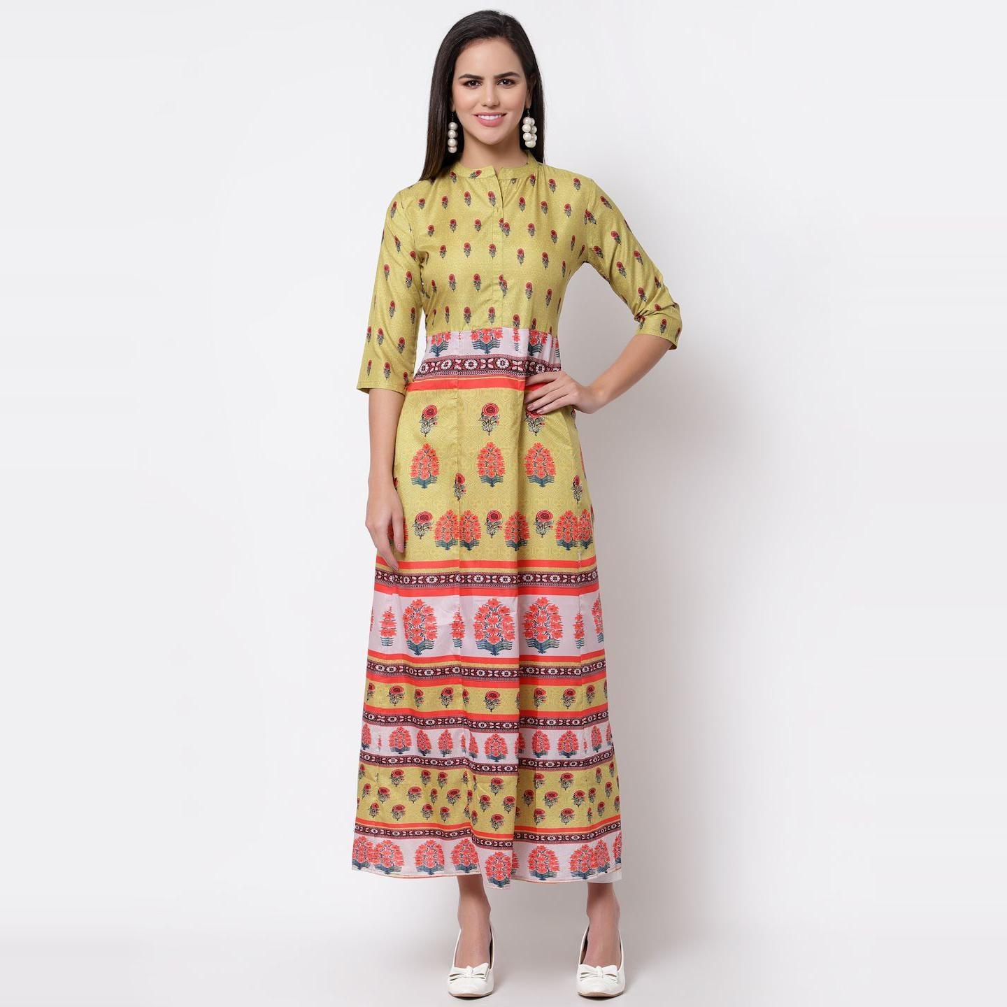 Peachmode Multicoilored Cotton Printed 3/4 Sleeve Mandarin Neck Casual Dress