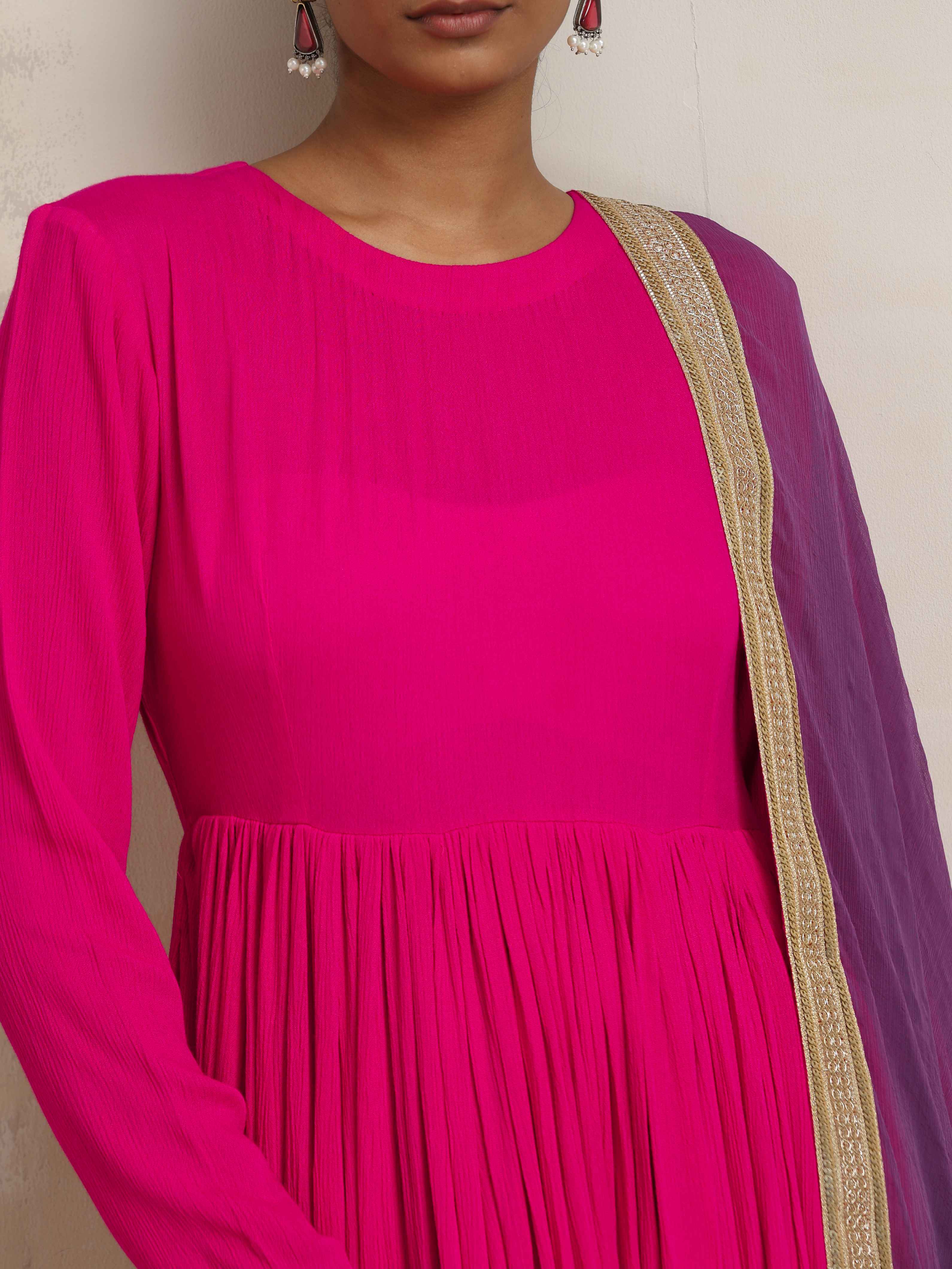 trueBrowns Pink Crinkle Anarkali Kurta Pant Dupatta Set - view 7
