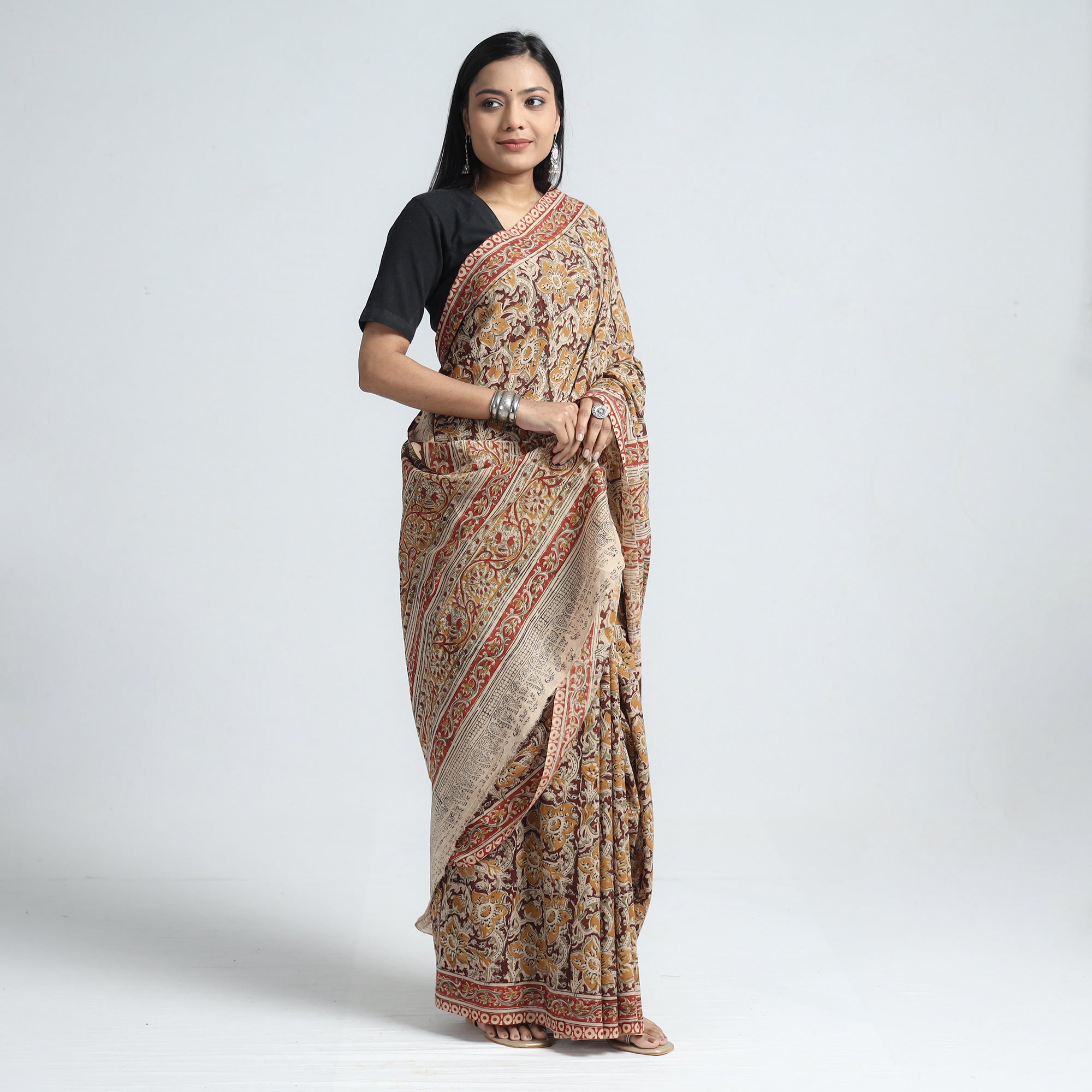 VENKATA BHANU KALAMKARI PEDANA Brown - Pedana Block Print Cotton Kalamkari Saree