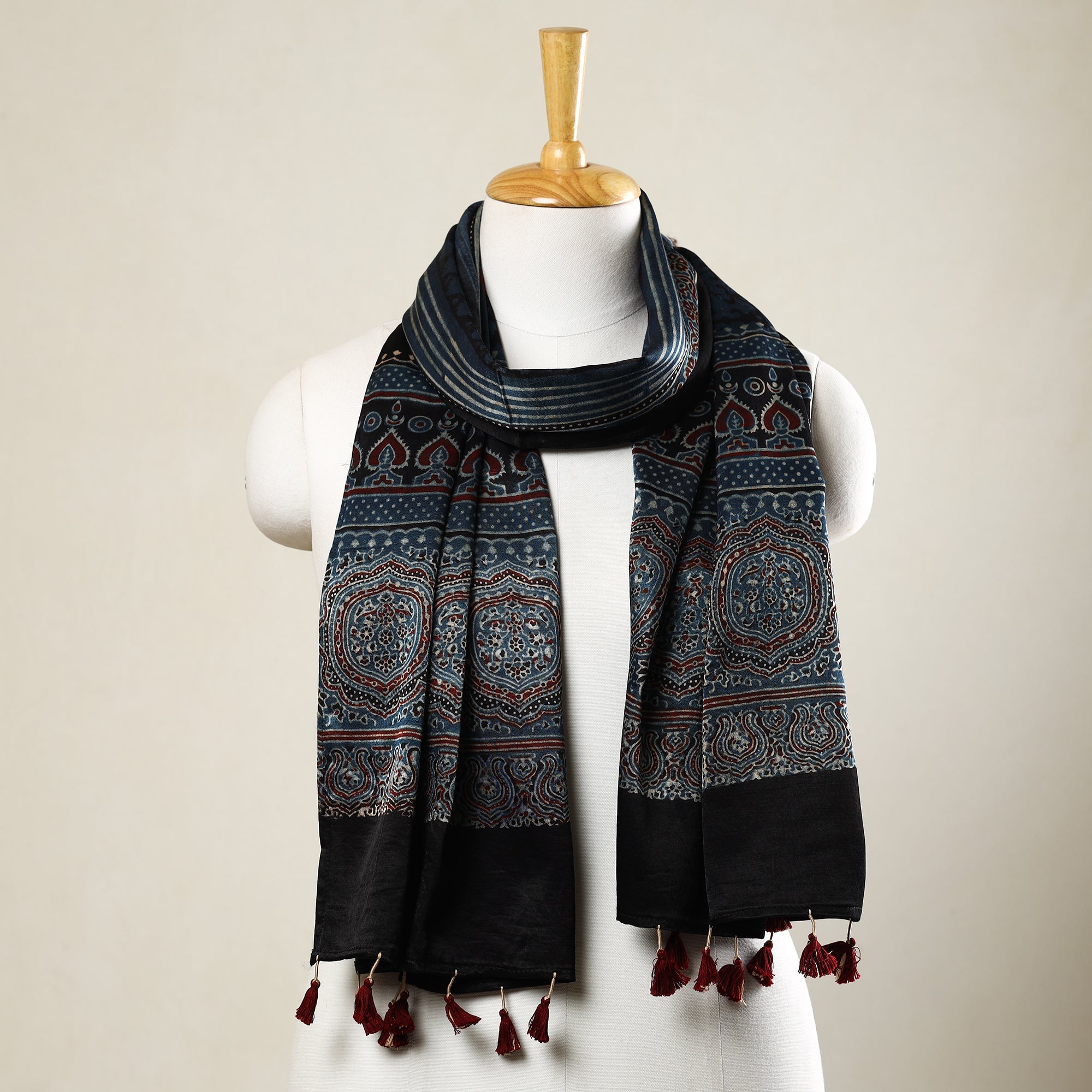 RIYAZ ABDULMAJID KHATRI - AJRAKH Blue - Ajrakh Block Printed Mashru Silk Stole with Tassels