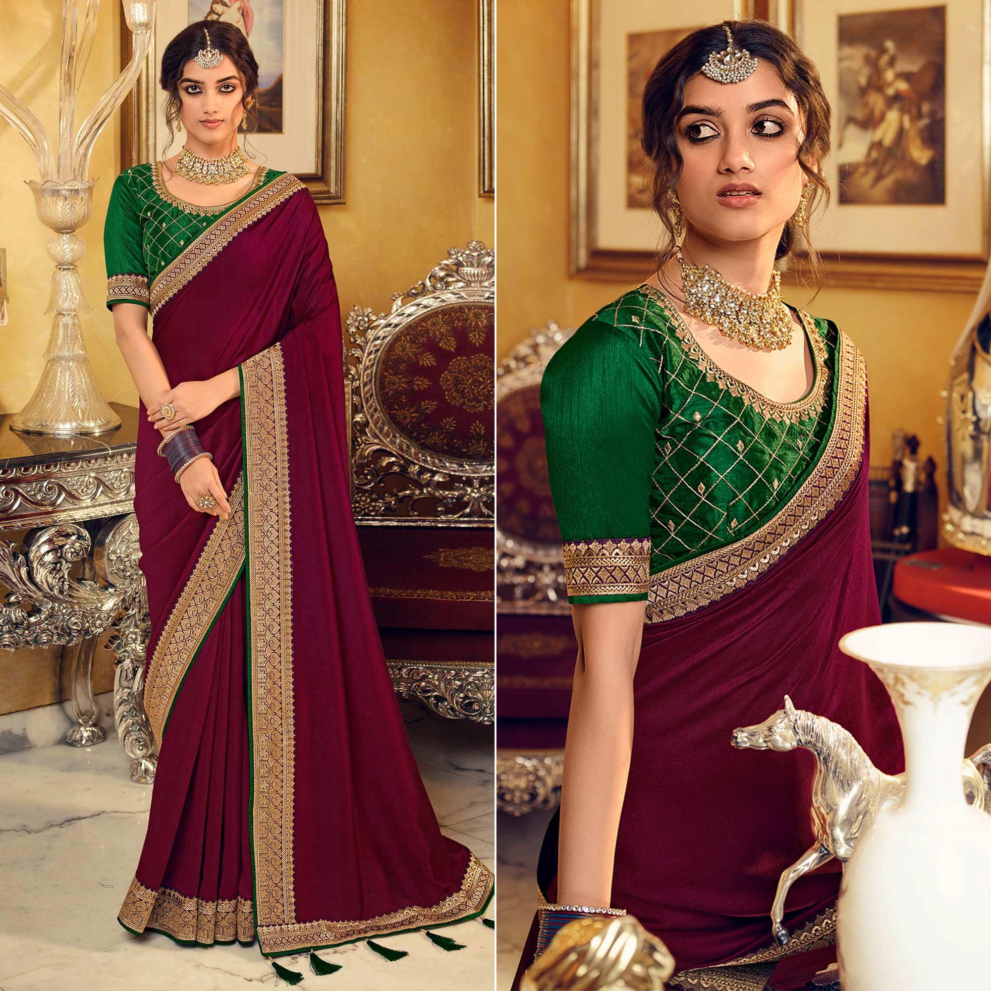 Peachmode Burgundy Partywear Embroidered Silk Saree