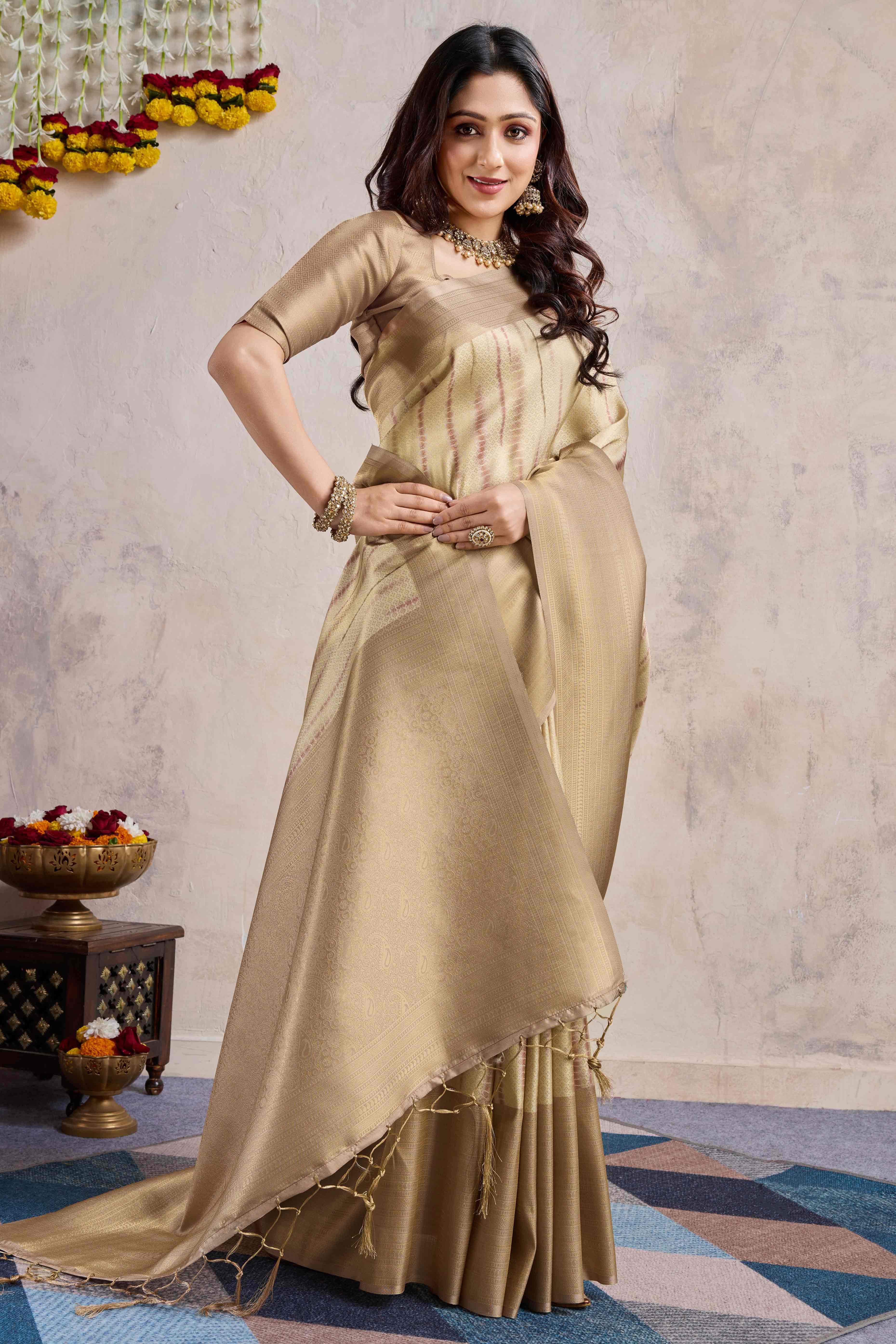 Peachmode Chikoo Woven With Digital Printed Banarasi Silk Saree