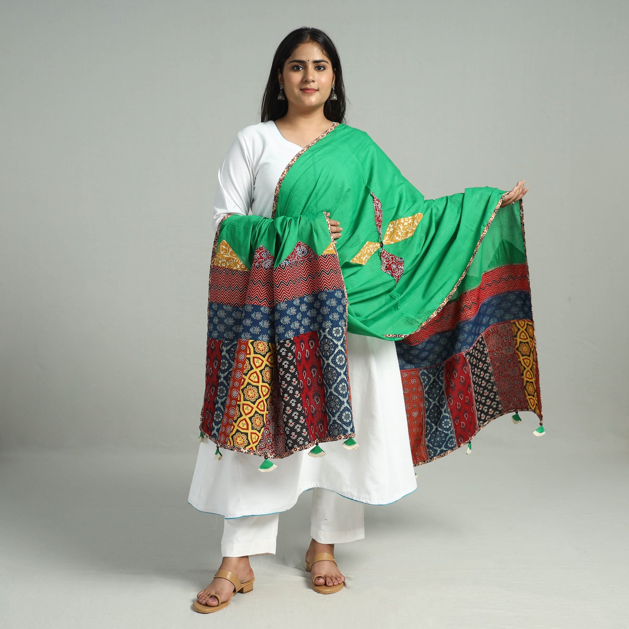 SHADES OF MARUDHARA Applique Patchwork Cotton Ajrakh Dupatta with Mirror Work 12