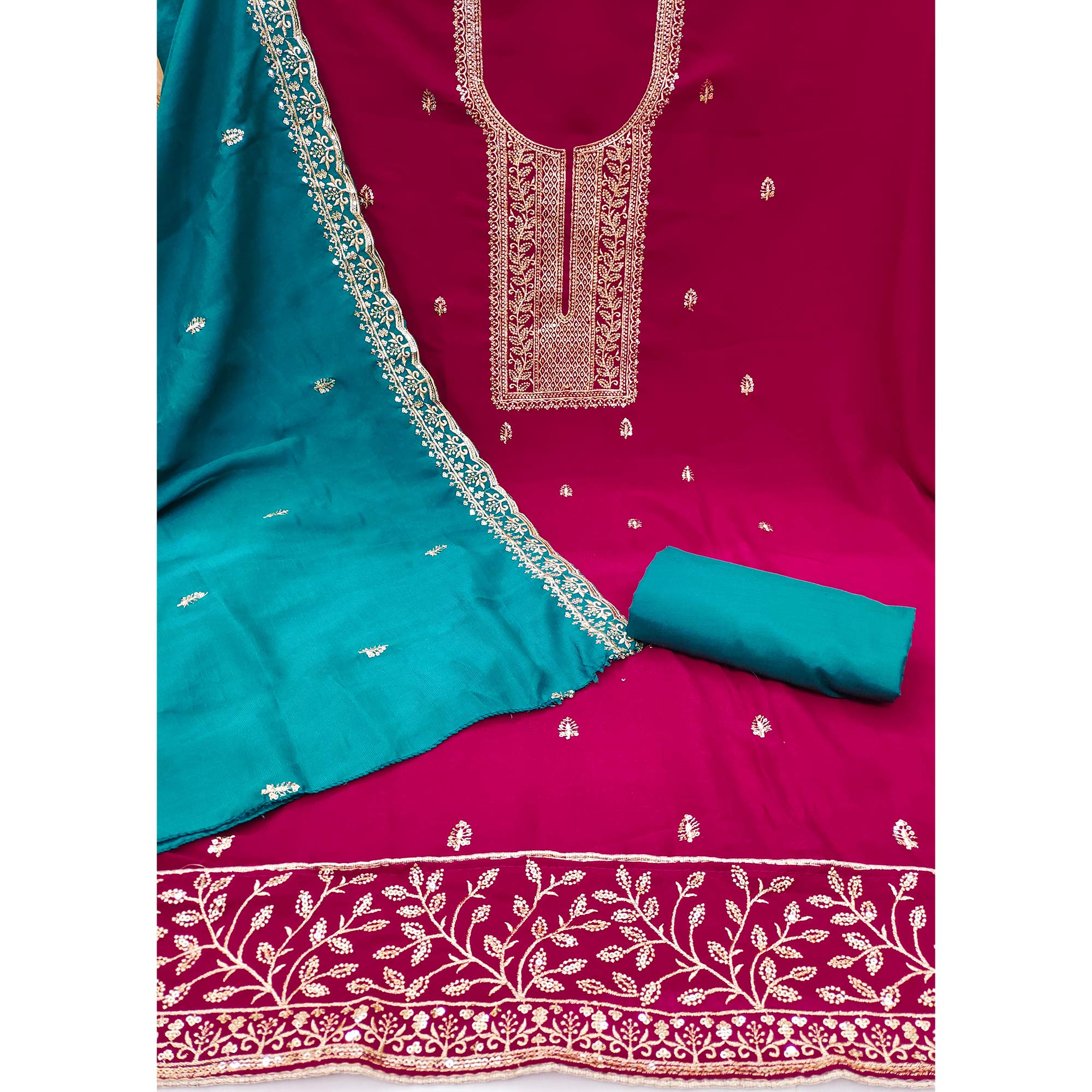 Peachmode Rani Pink Floral Sequins Embroidered Vichitra Silk Dress Material - view 3