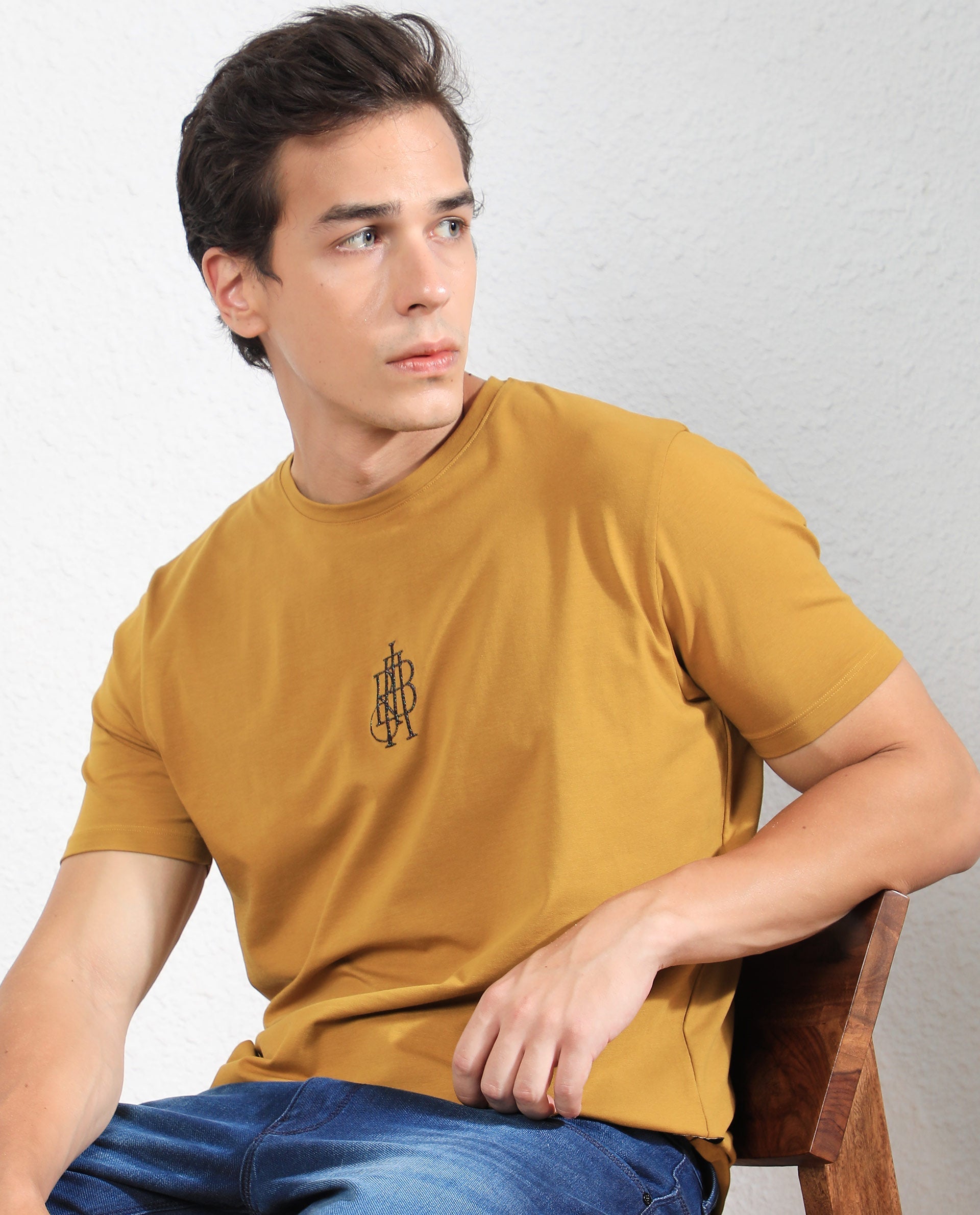 Rare Rabbit Men's Ware Mustard Cotton Lycra Fabric Crew Neck Half Sleeves Regular Fit Embroidered Monogram T-Shirt - view 5