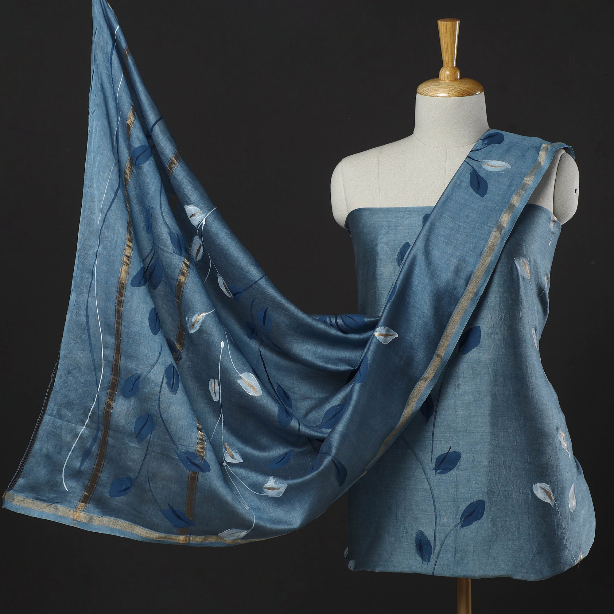 KUSUMLATA Blue - 3pc Hand Painted Chanderi Silk Suit Material Set 05