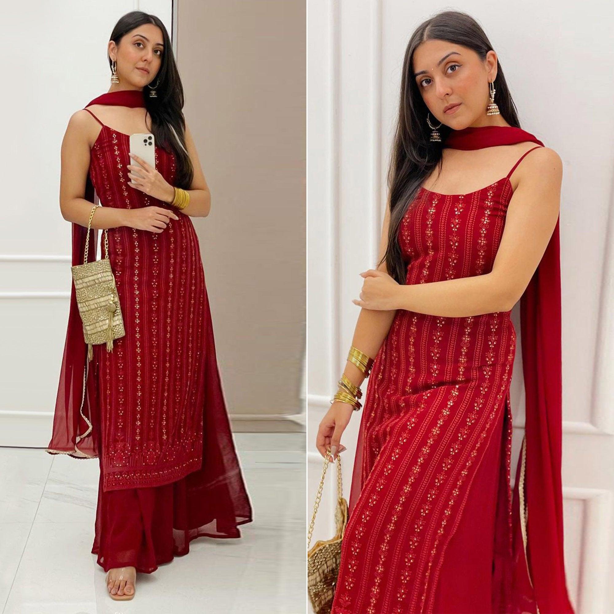 Peachmode Seller Light Maroon Partywear Lakhnavi Sequins Embroidered Georgette Palazzo Suit with Dupatta