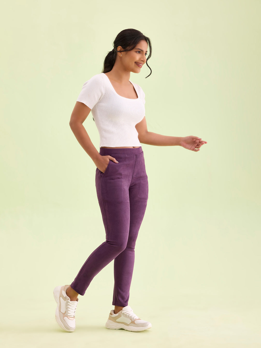 Go Colors Women Solid Purple Mid Rise Suede Treggings