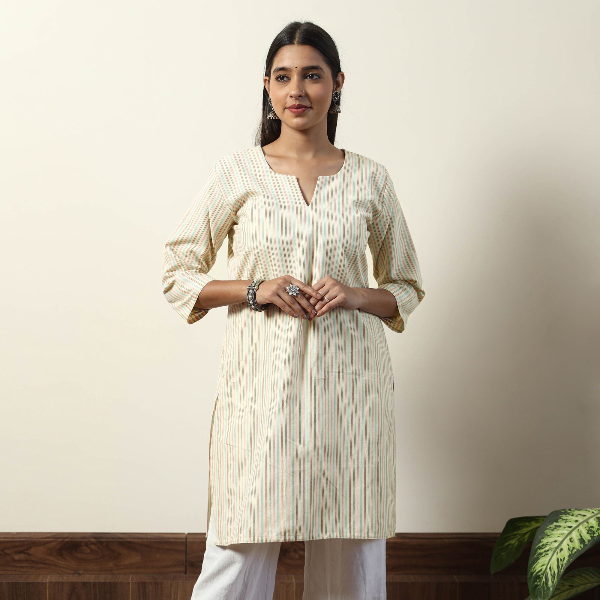 ITOKRI CASUALS Beige - Jhiri Handloom Cotton Straight Short Kurta - view 3