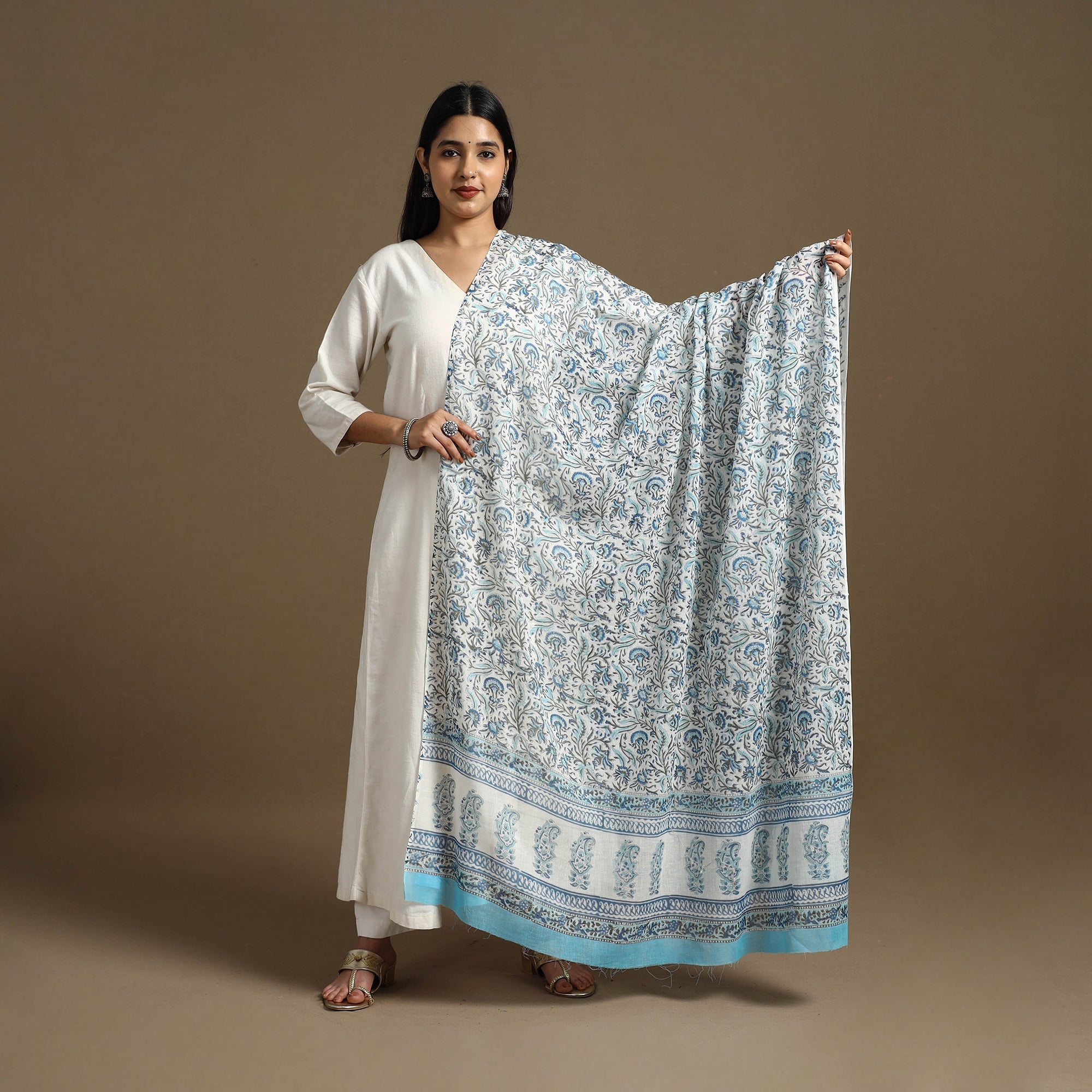 ARTISAN HAND BLOCK PRINTS Blue - Block Print Mul Cotton Sanganeri Floral Dupatta 45 - view 2