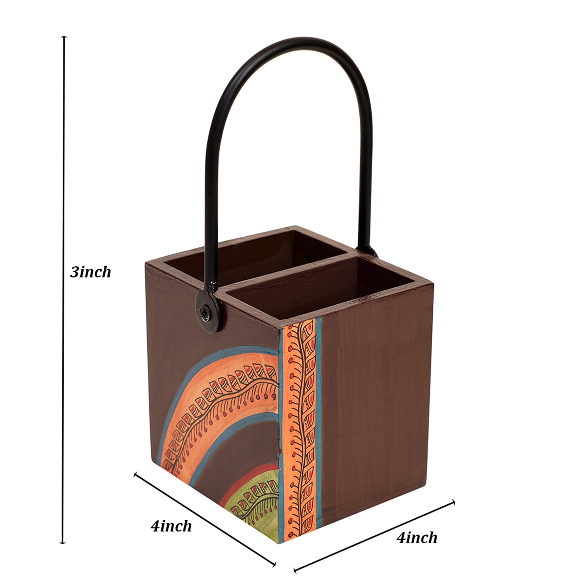 ART CREATIONS BY SUMAN SONTHALIA Brown - Cutlery Stand with Floral Patterns Handcrafted in Wood with Iron Handle (4x4x8.5) - view 6