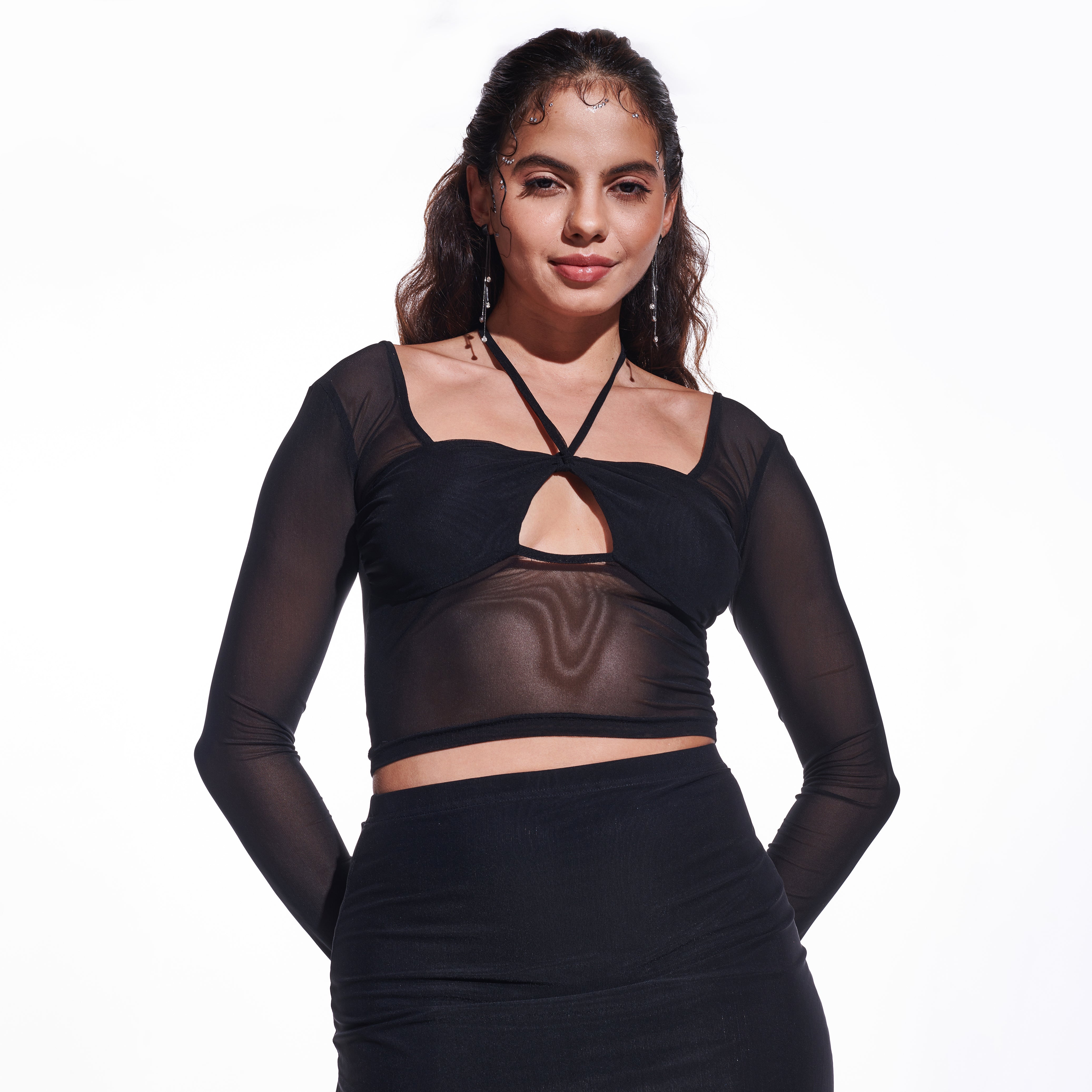 I Z F Black Cross-over long sleeve mesh top - view 4